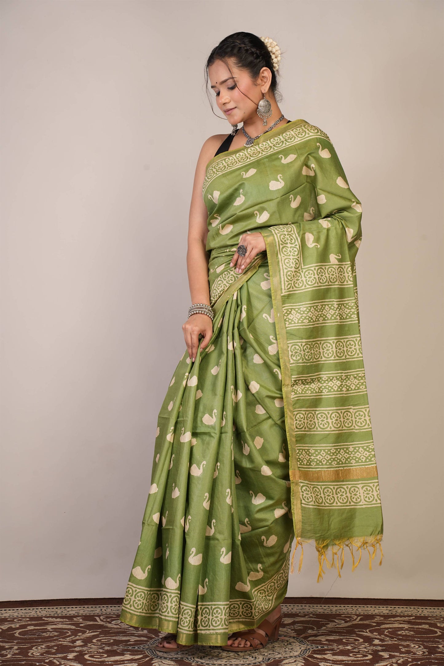 Anuttara Bhagalpuri Light Green Cotton Silk Animal (Duck Print) Saree with Unstitched Blouse_AFS1377-FS