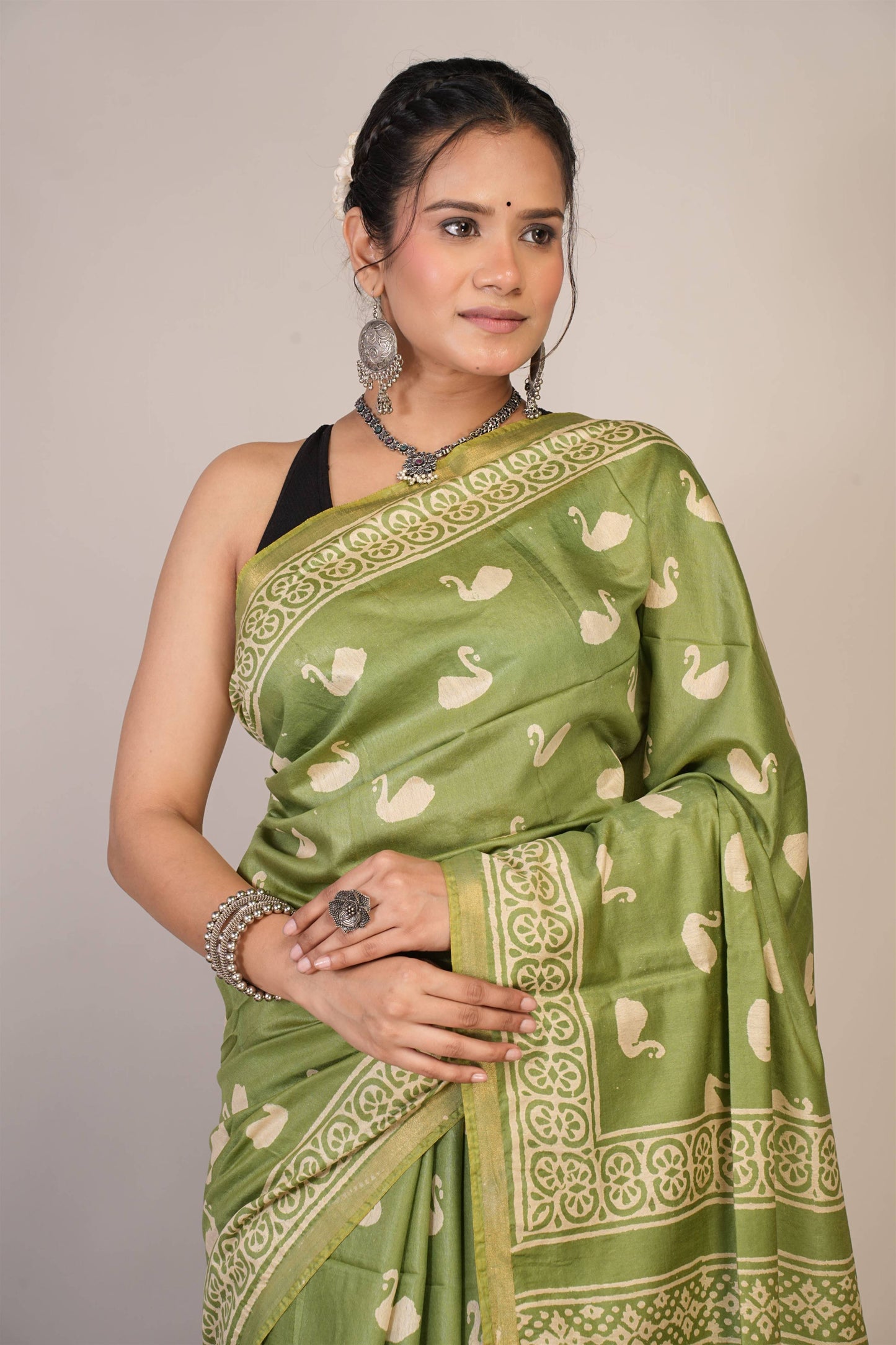 Anuttara Bhagalpuri Light Green Cotton Silk Animal (Duck Print) Saree with Unstitched Blouse_AFS1377-FS