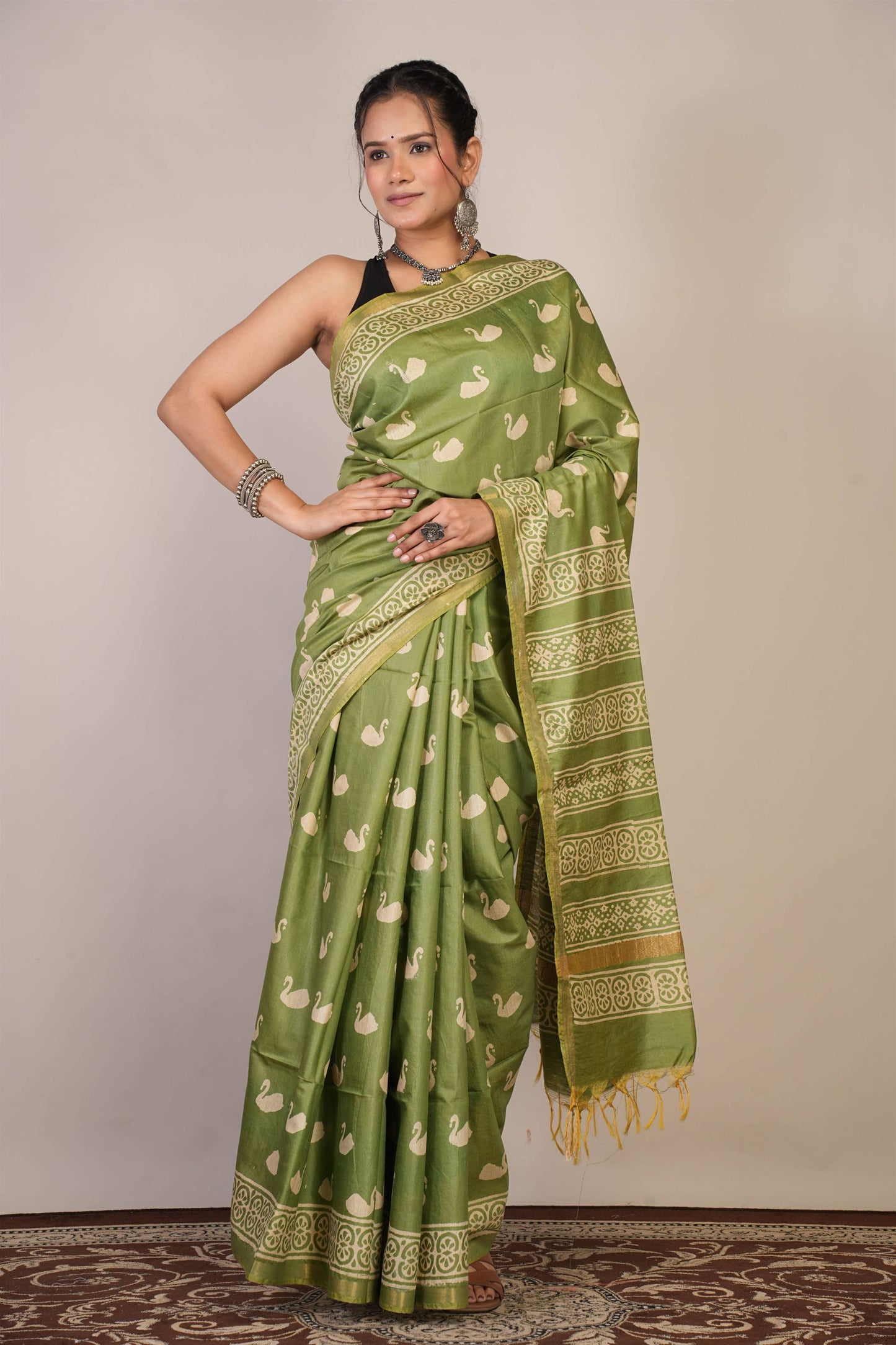 Anuttara Bhagalpuri Light Green Cotton Silk Animal (Duck Print) Saree with Unstitched Blouse_AFS1377-FS