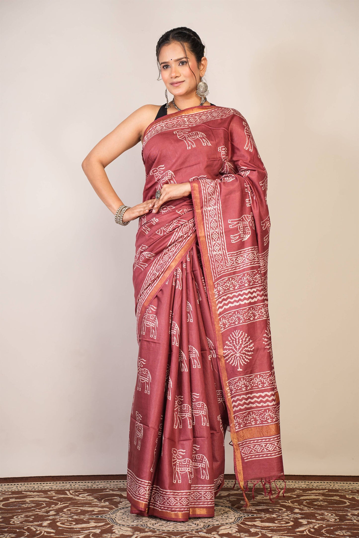 Anuttara Bhagalpuri Maroon Cotton Silk Animal Print Saree with Unstitched Blouse_AFS1378-FS