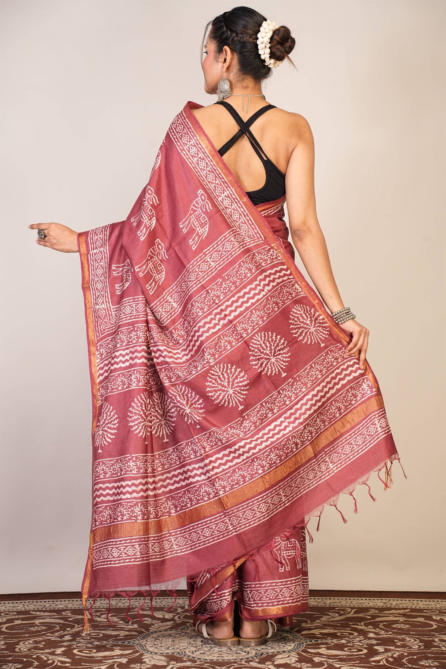 Anuttara Bhagalpuri Maroon Cotton Silk Animal Print Saree with Unstitched Blouse_AFS1378-FS