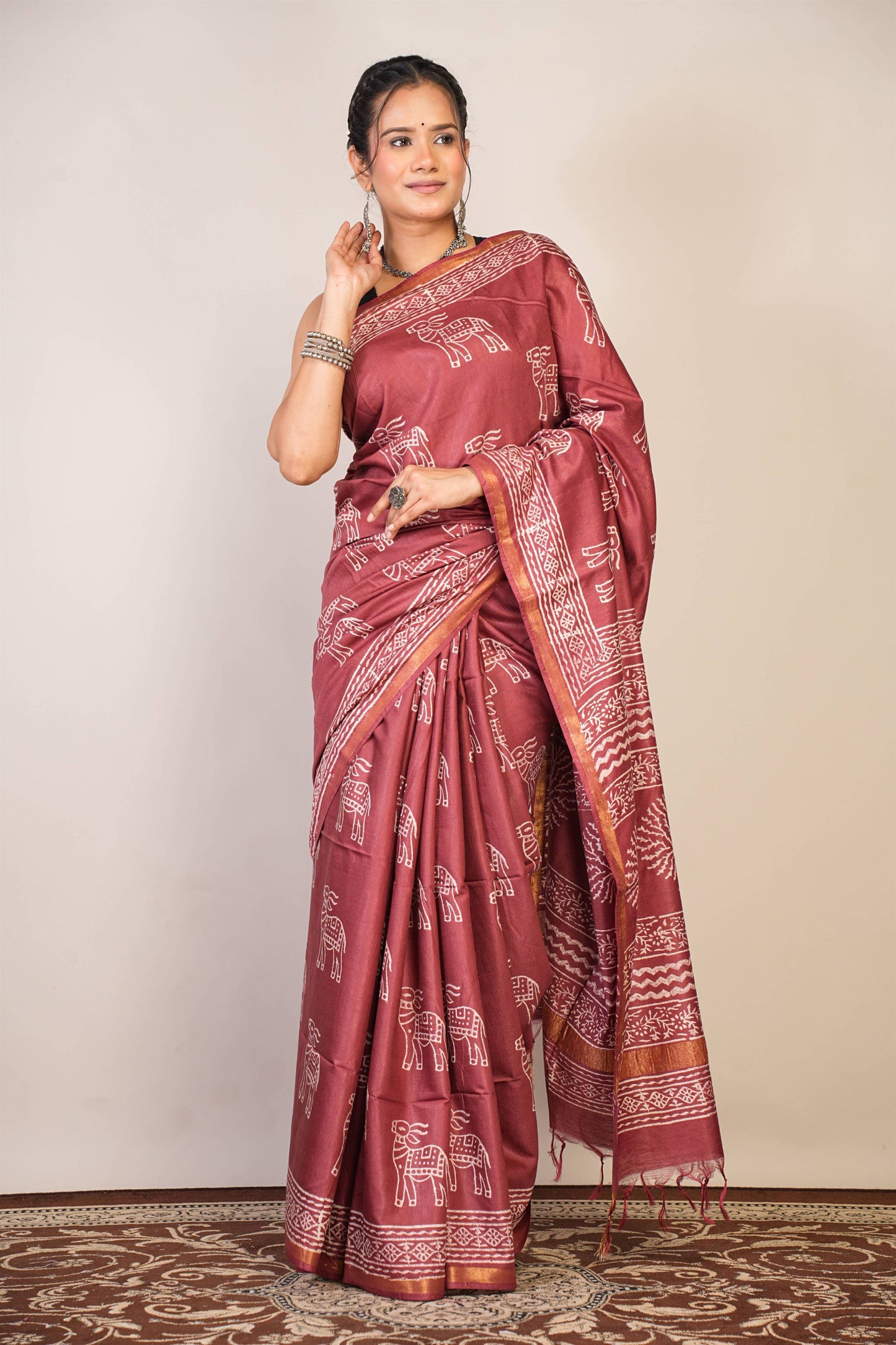 Anuttara Bhagalpuri Maroon Cotton Silk Animal Print Saree with Unstitched Blouse_AFS1378-FS