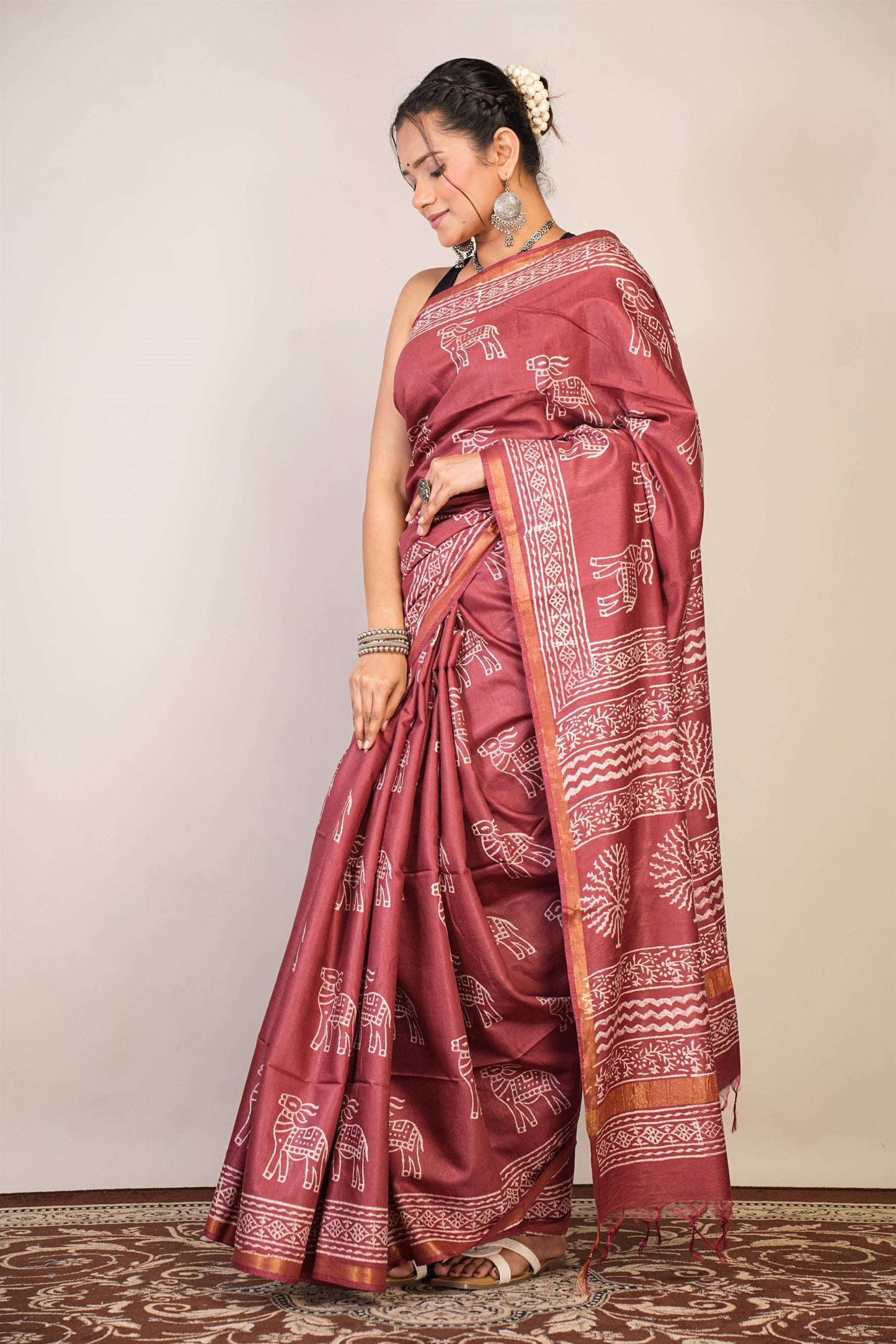 Anuttara Bhagalpuri Maroon Cotton Silk Animal Print Saree with Unstitched Blouse_AFS1378-FS