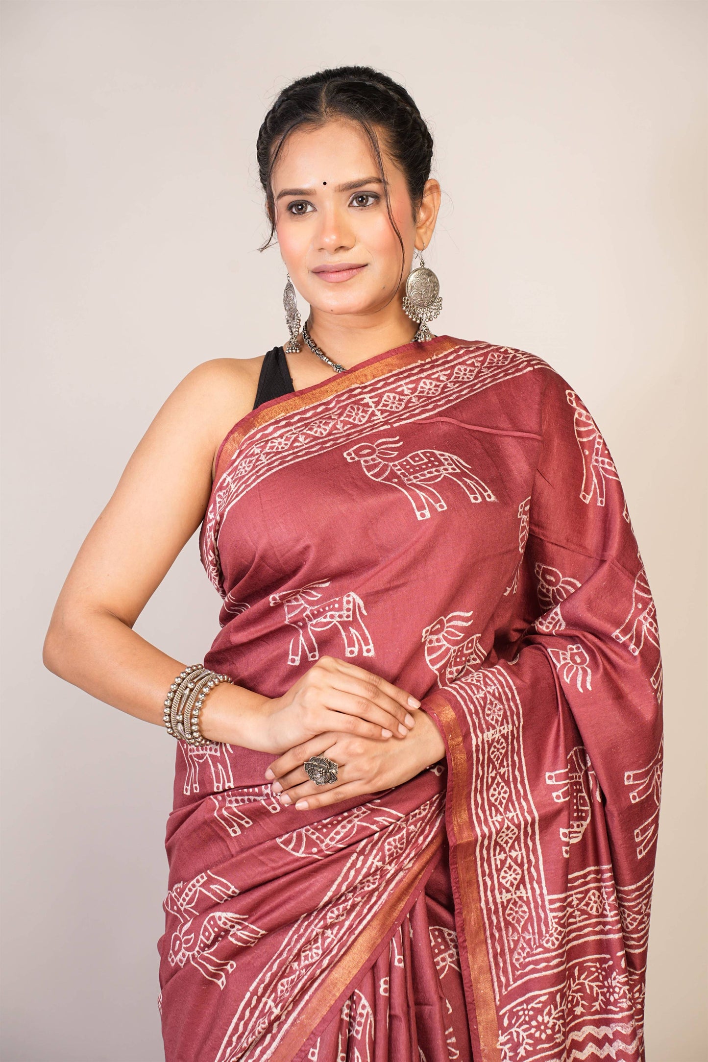 Anuttara Bhagalpuri Maroon Cotton Silk Animal Print Saree with Unstitched Blouse_AFS1378-FS