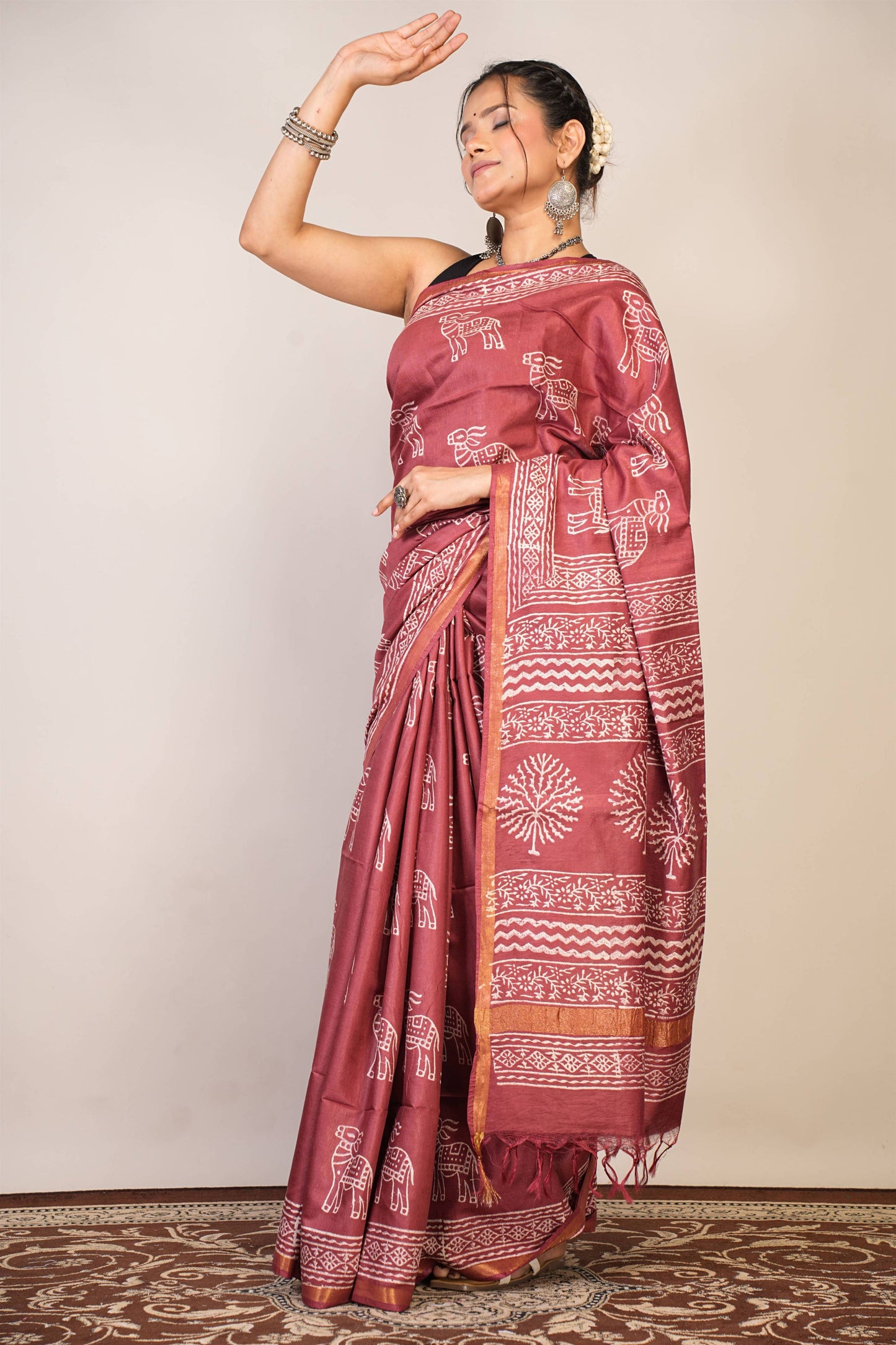 Anuttara Bhagalpuri Maroon Cotton Silk Animal Print Saree with Unstitched Blouse_AFS1378-FS