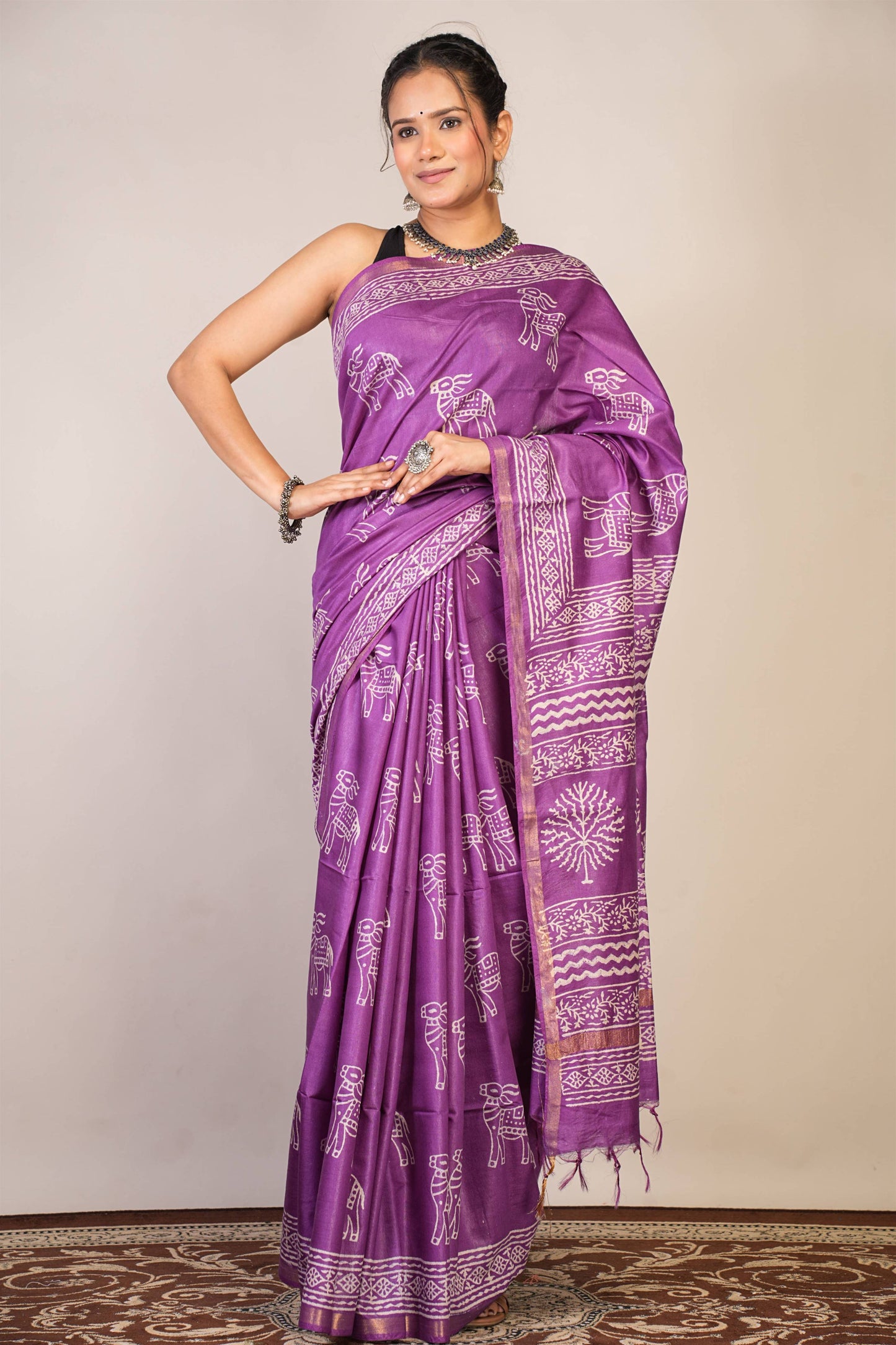 Anuttara Bhagalpuri Violet Cotton Silk Animal Print Saree with Unstitched Blouse_AFS1379-FS
