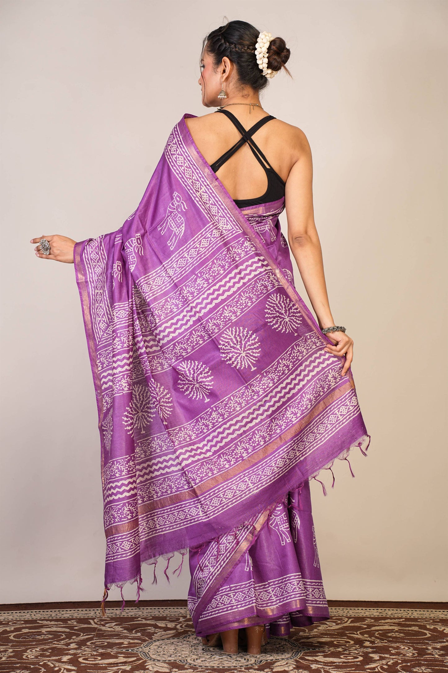 Anuttara Bhagalpuri Violet Cotton Silk Animal Print Saree with Unstitched Blouse_AFS1379-FS