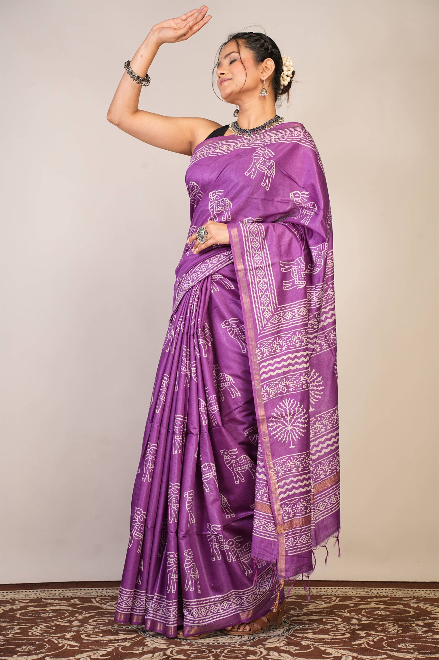 Anuttara Bhagalpuri Violet Cotton Silk Animal Print Saree with Unstitched Blouse_AFS1379-FS