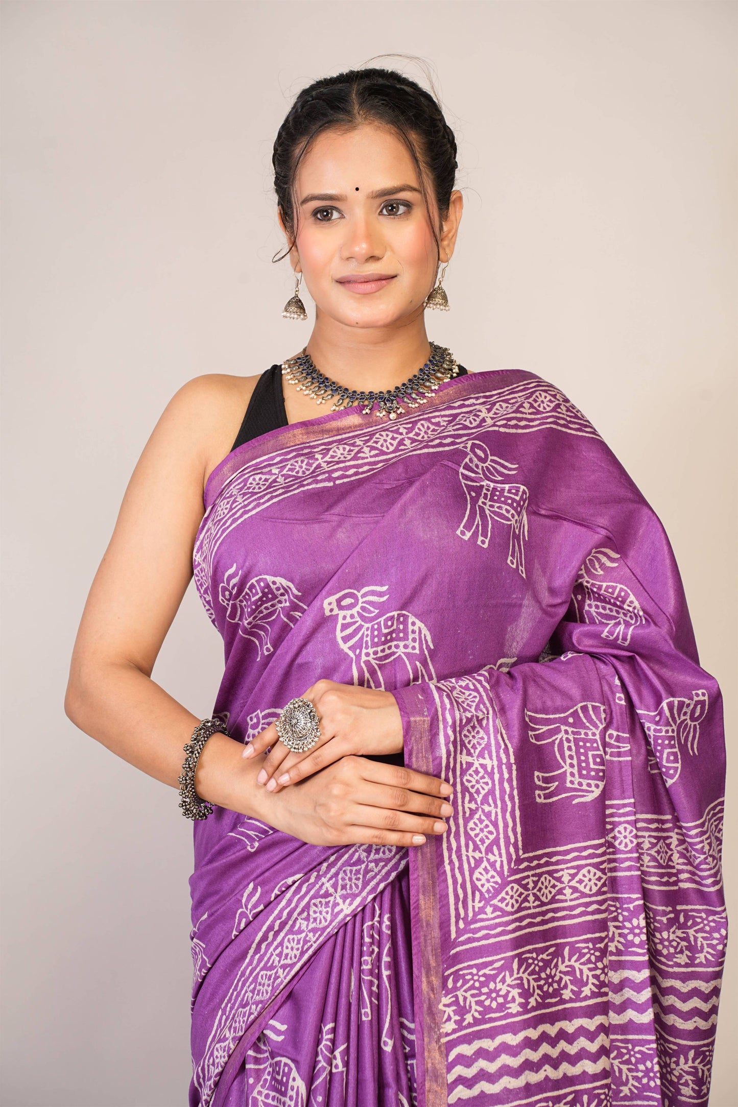 Anuttara Bhagalpuri Violet Cotton Silk Animal Print Saree with Unstitched Blouse_AFS1379-FS