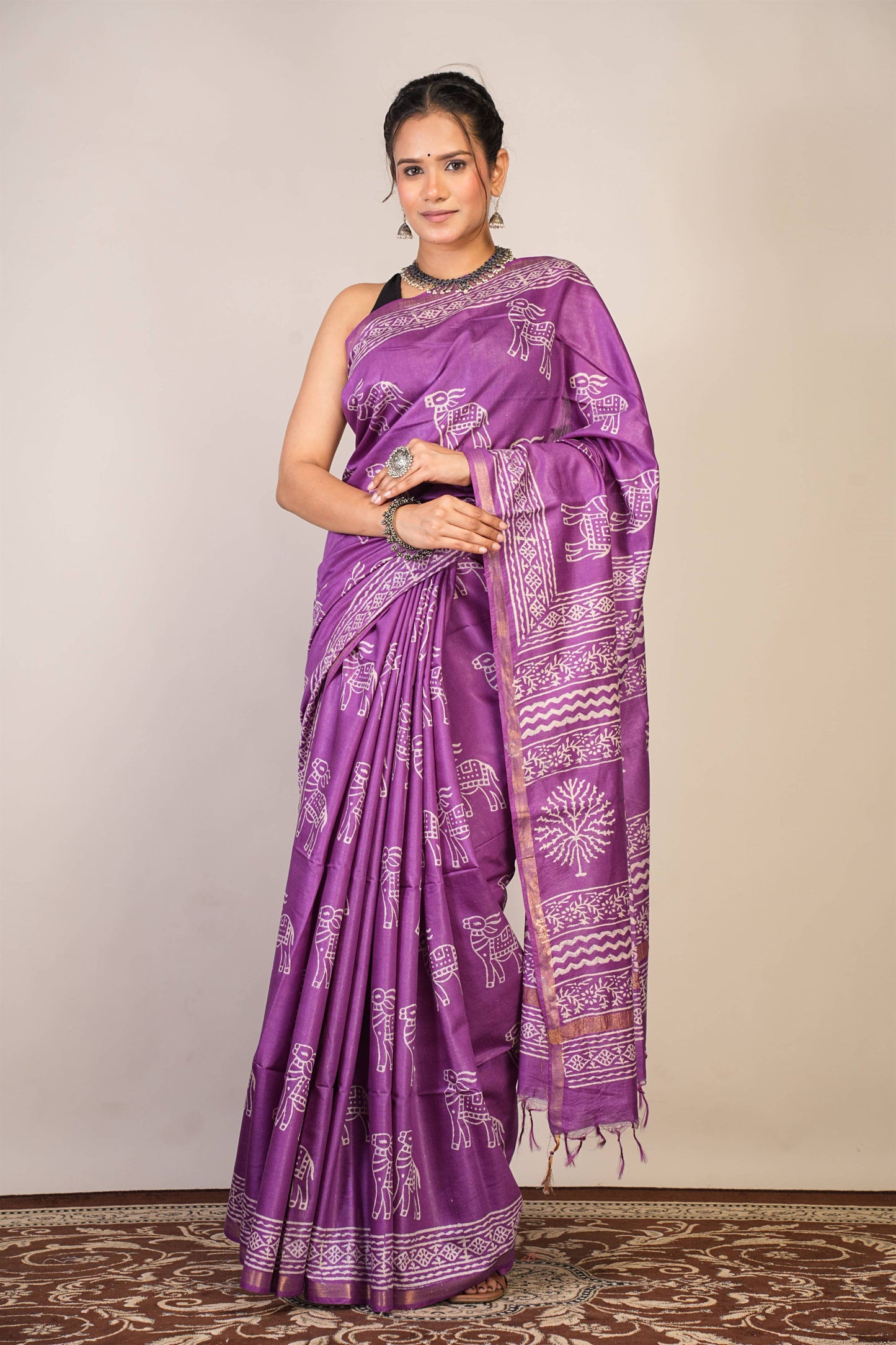 Anuttara Bhagalpuri Violet Cotton Silk Animal Print Saree with Unstitched Blouse_AFS1379-FS