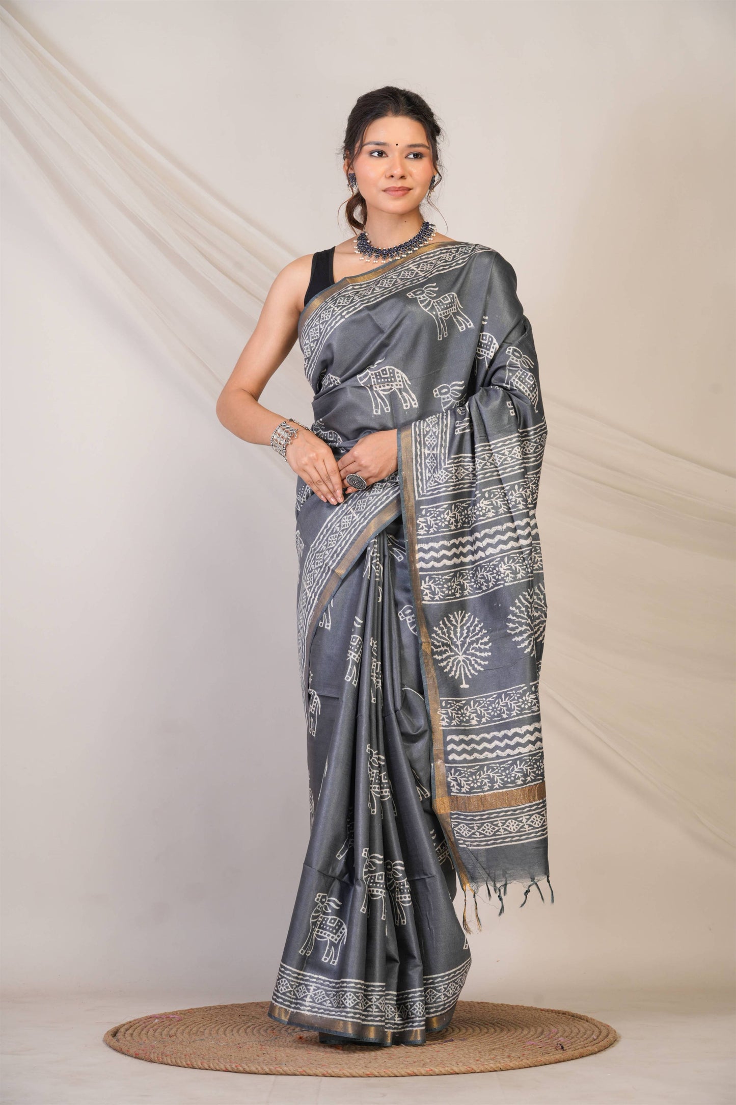 Anuttara Bhagalpuri Grey Cotton Silk Animal Print Saree with Unstitched Blouse_AFS1381-FS