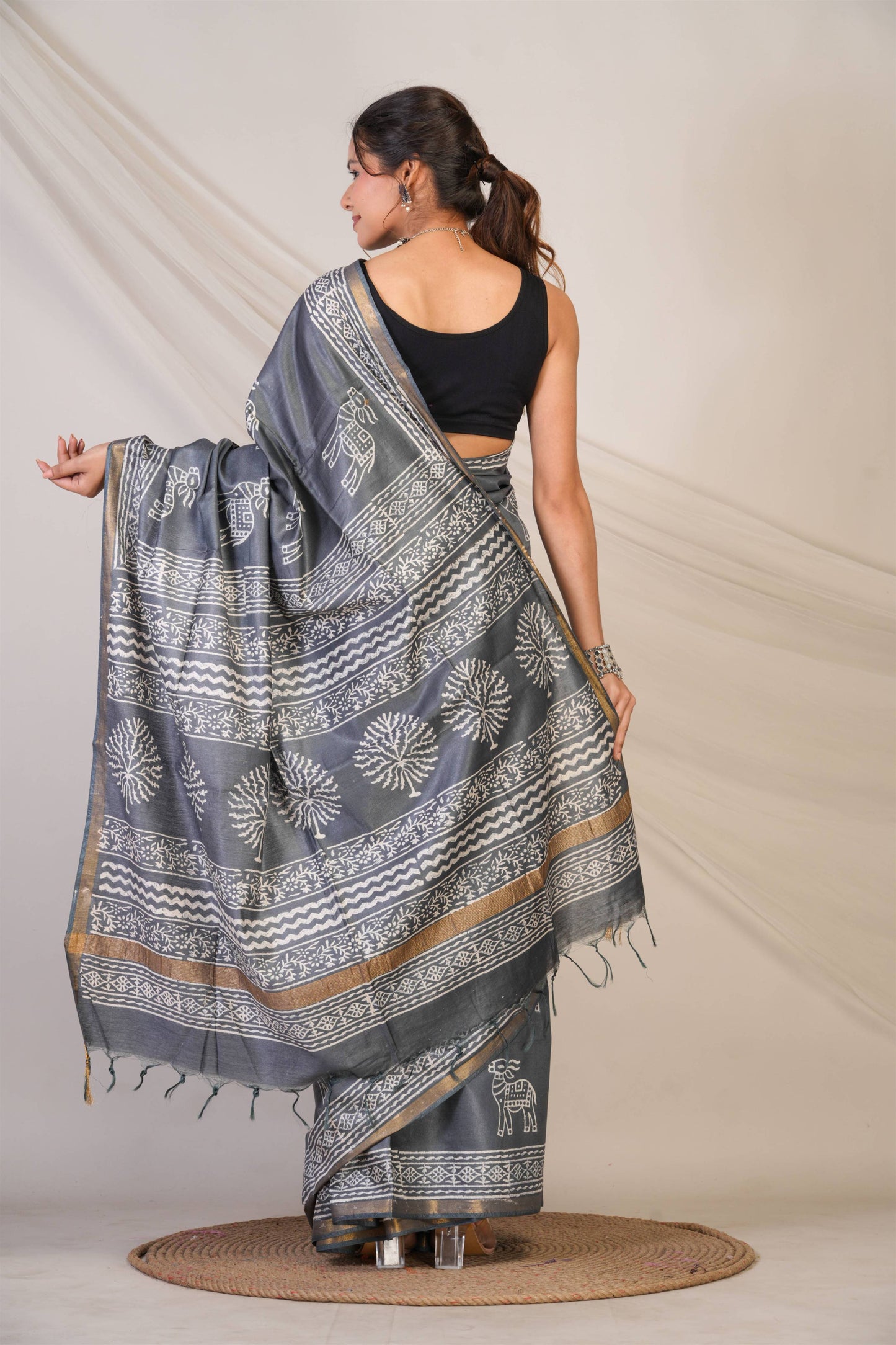 Anuttara Bhagalpuri Grey Cotton Silk Animal Print Saree with Unstitched Blouse_AFS1381-FS