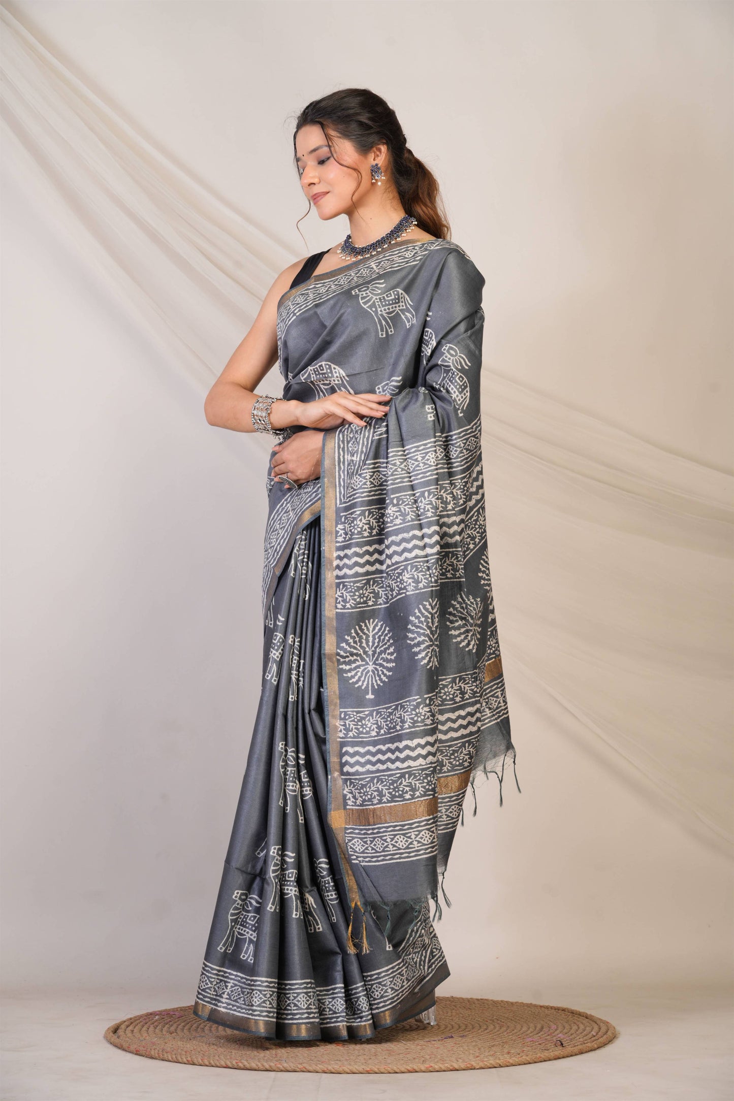 Anuttara Bhagalpuri Grey Cotton Silk Animal Print Saree with Unstitched Blouse_AFS1381-FS