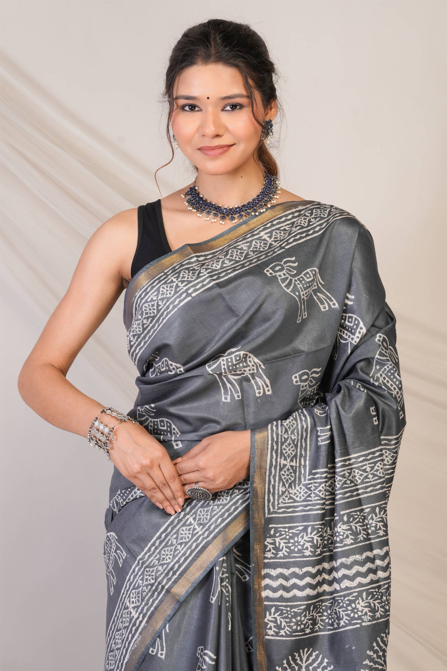 Anuttara Bhagalpuri Grey Cotton Silk Animal Print Saree with Unstitched Blouse_AFS1381-FS
