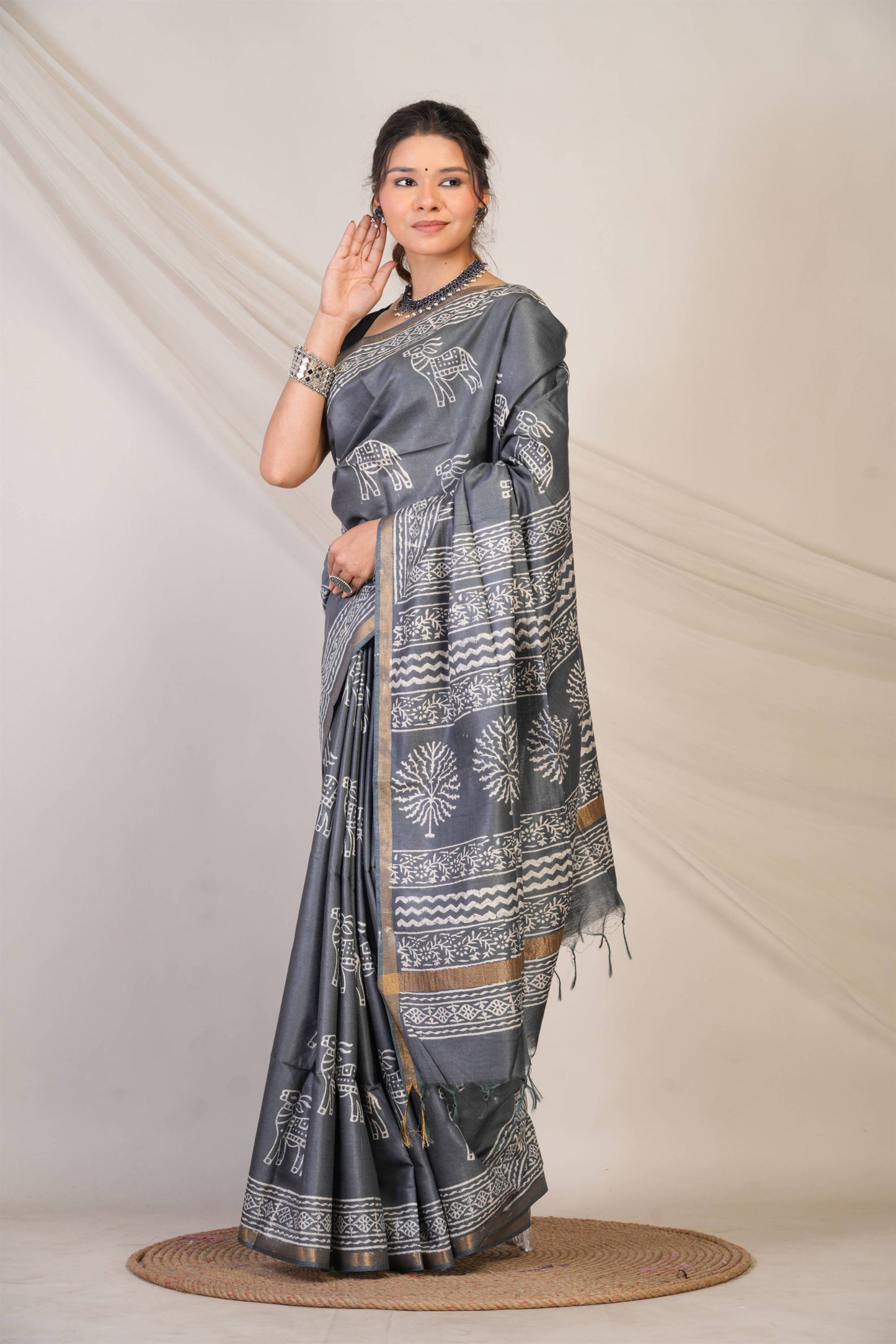 Anuttara Bhagalpuri Grey Cotton Silk Animal Print Saree with Unstitched Blouse_AFS1381-FS