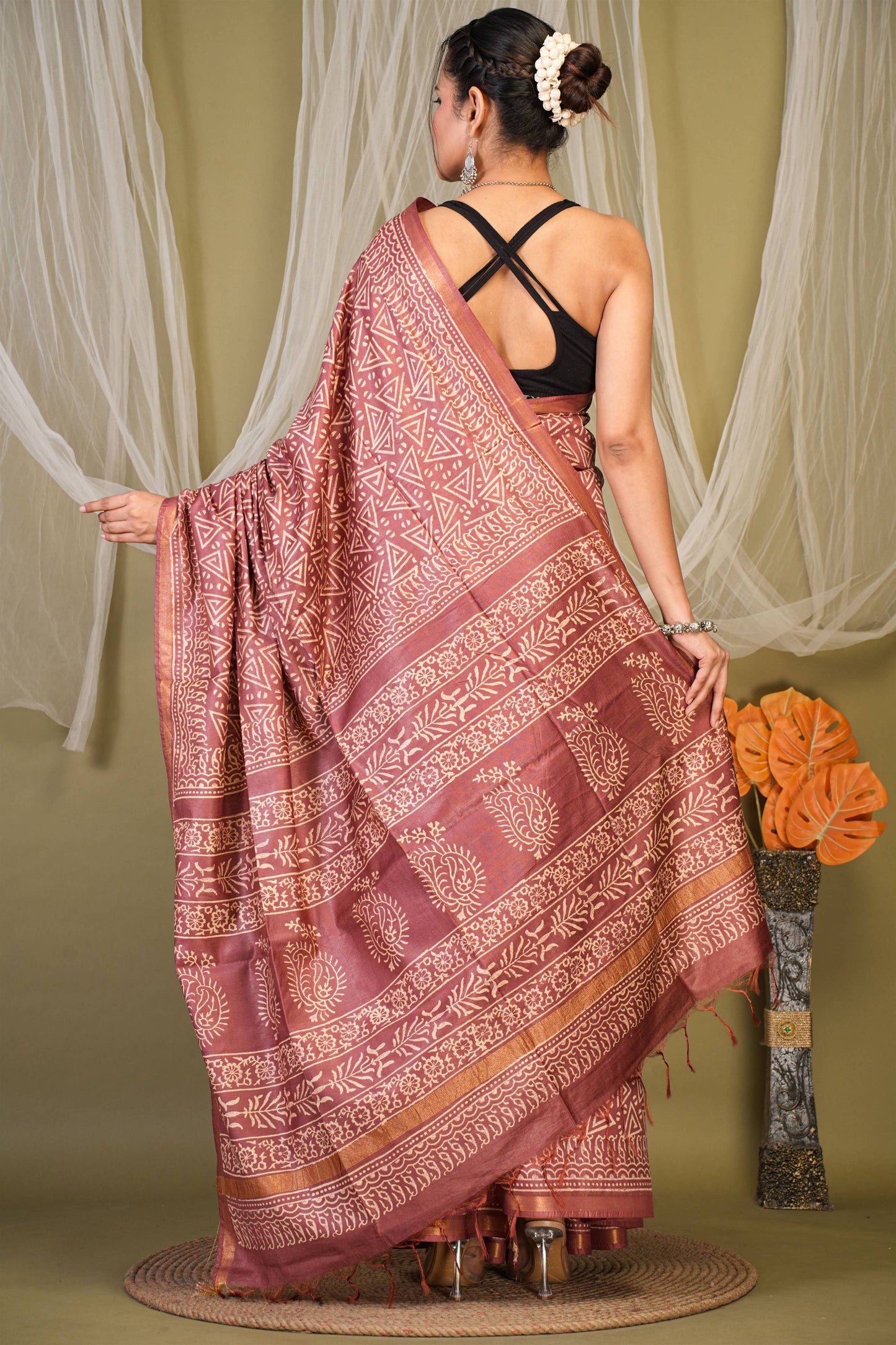 Anuttara Bhagalpuri Brown Cotton Silk Geometric Saree with Unstitched Blouse_AFS1383-FS