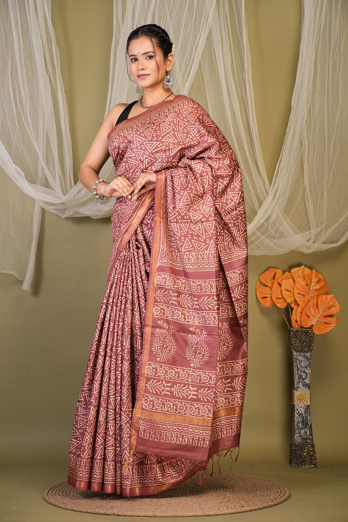 Anuttara Bhagalpuri Brown Cotton Silk Geometric Saree with Unstitched Blouse_AFS1383-FS