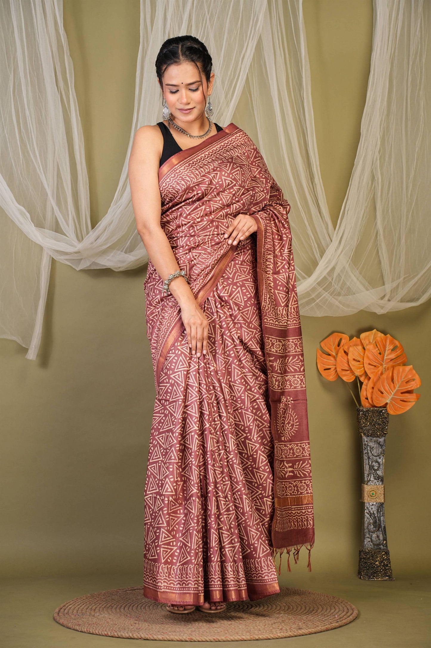 Anuttara Bhagalpuri Brown Cotton Silk Geometric Saree with Unstitched Blouse_AFS1383-FS
