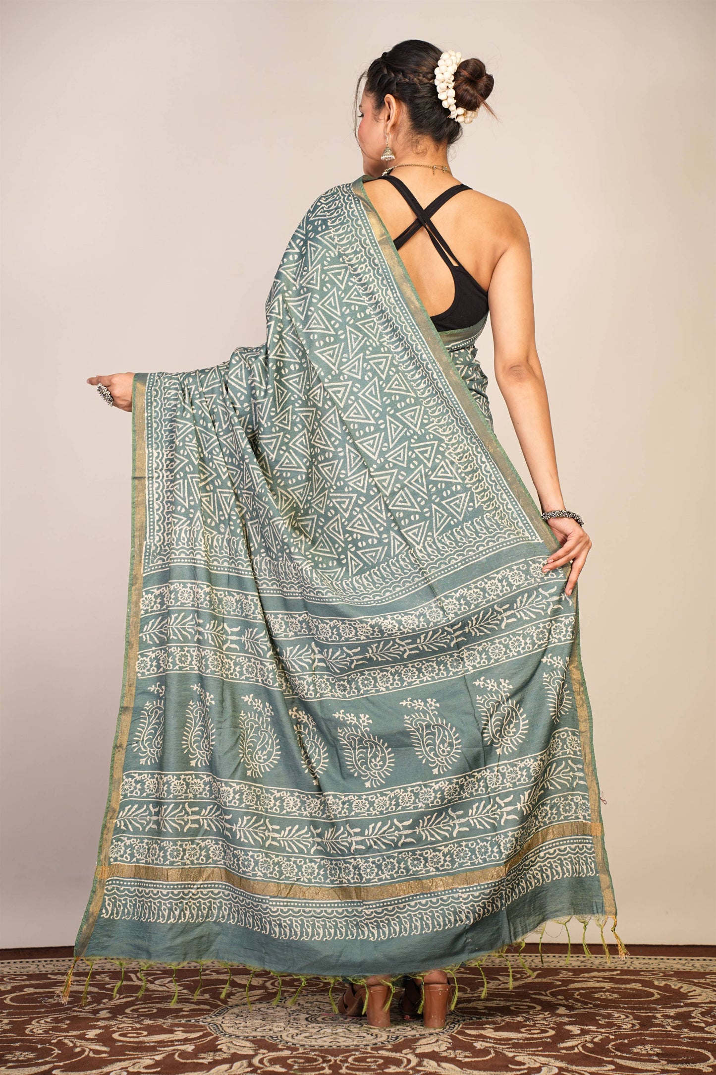 Anuttara Bhagalpuri Teal Green Cotton Silk Geometric Saree with Unstitched Blouse_AFS1384-FS