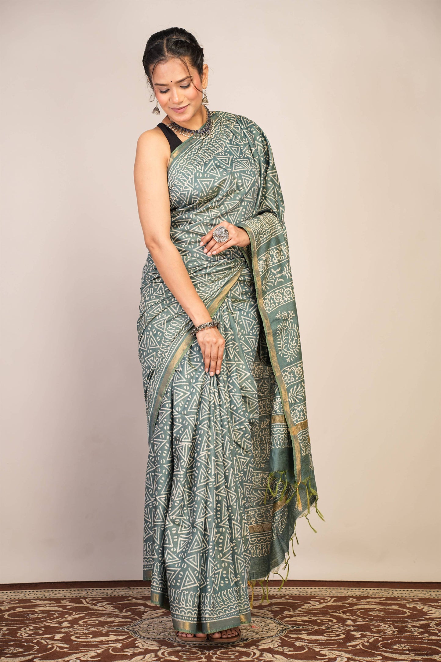 Anuttara Bhagalpuri Teal Green Cotton Silk Geometric Saree with Unstitched Blouse_AFS1384-FS