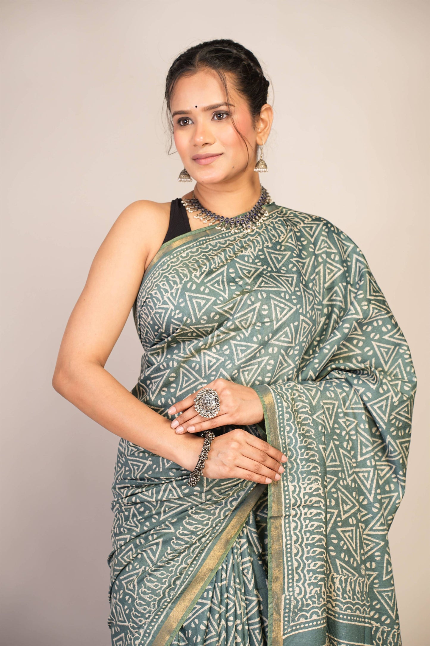 Anuttara Bhagalpuri Teal Green Cotton Silk Geometric Saree with Unstitched Blouse_AFS1384-FS