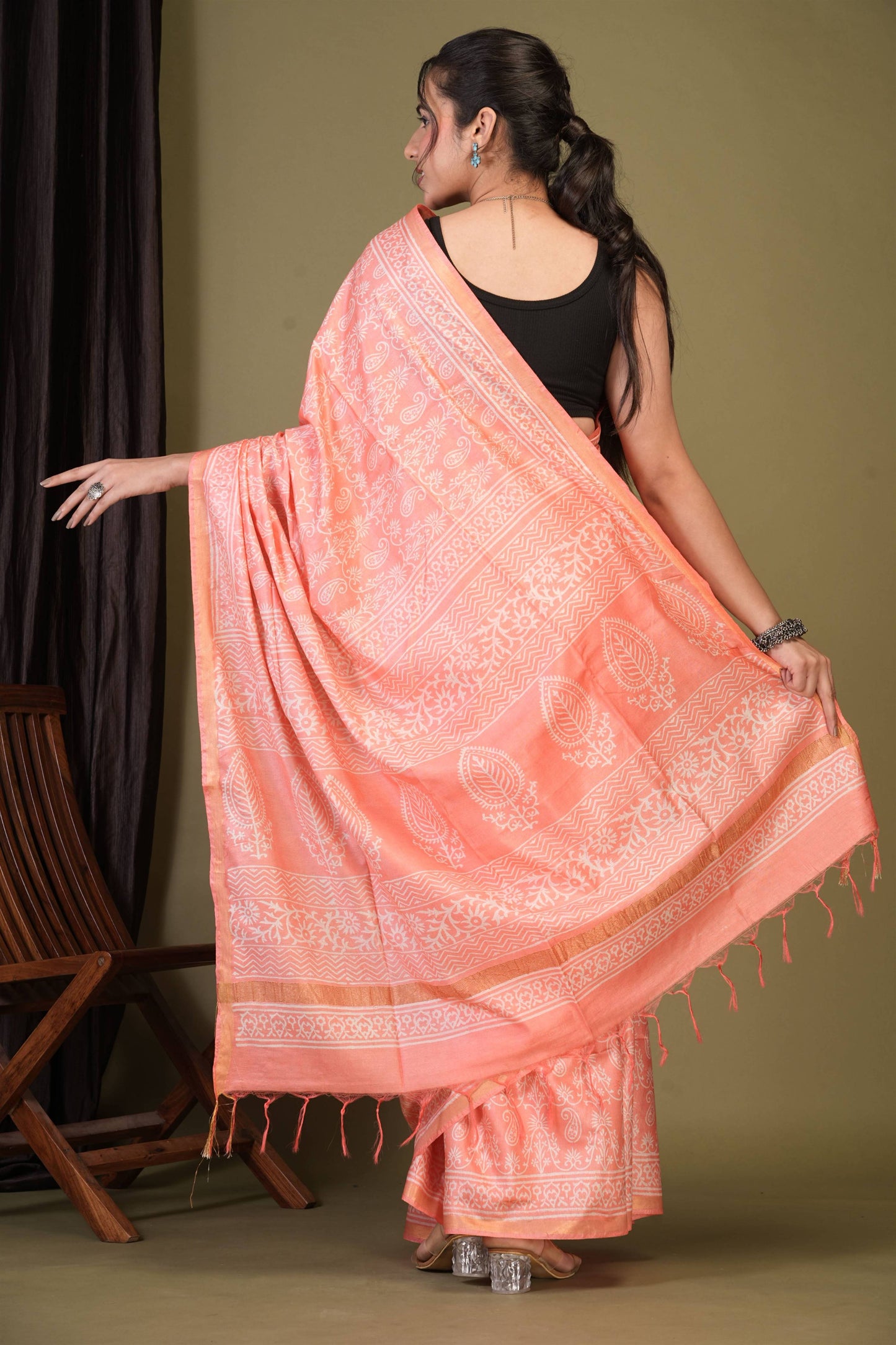 Anuttara Bhagalpuri Peach Cotton Silk Paisley, Floral Saree with Unstitched Blouse_AFS1386-FS