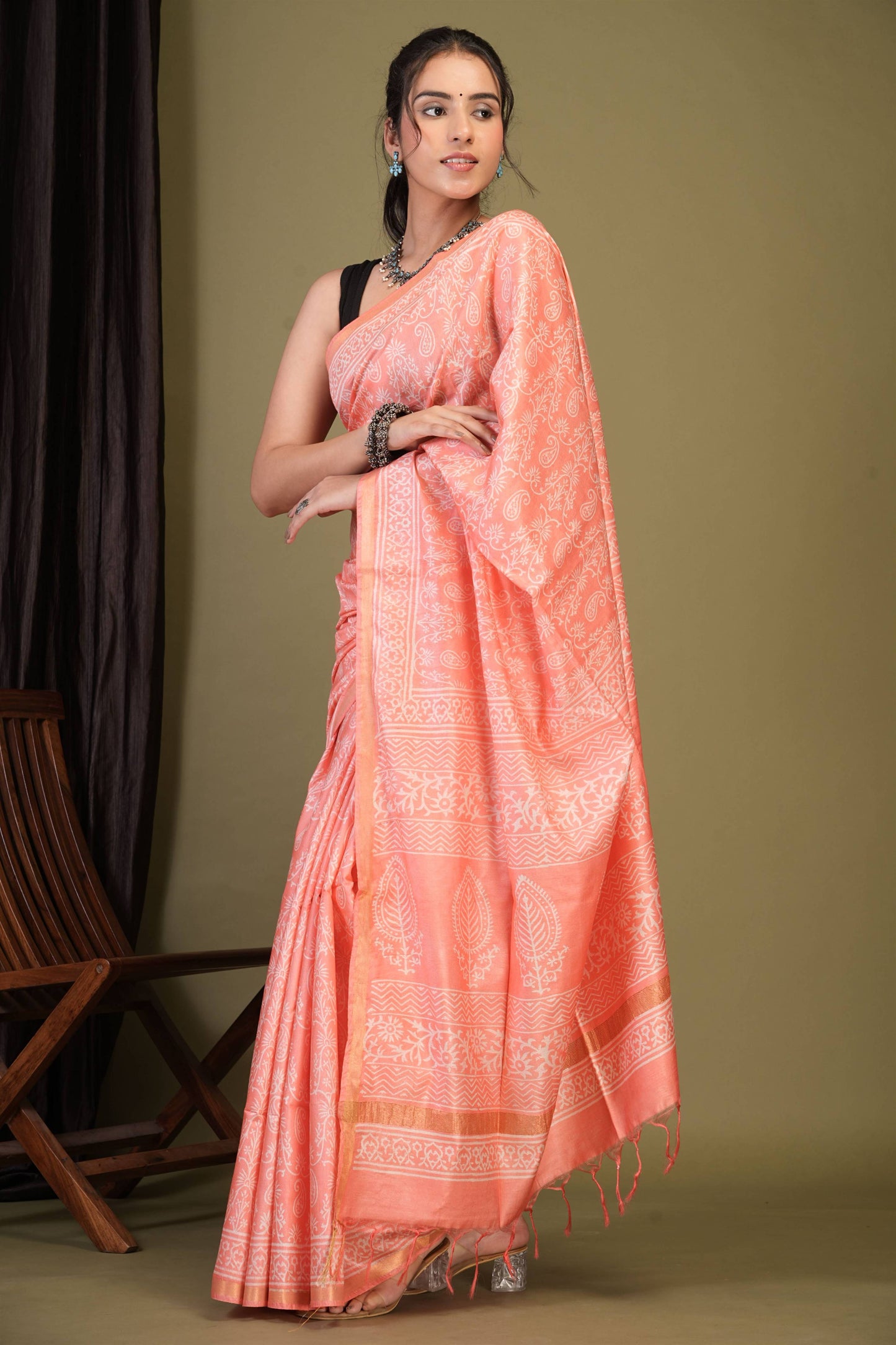 Anuttara Bhagalpuri Peach Cotton Silk Paisley, Floral Saree with Unstitched Blouse_AFS1386-FS