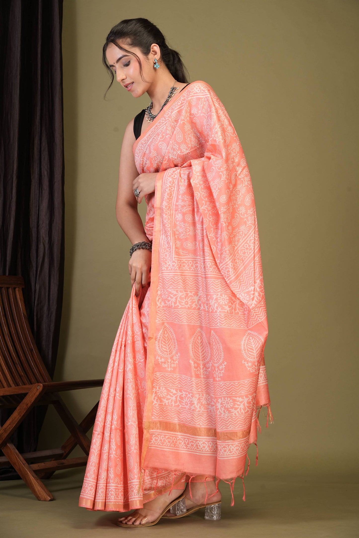 Anuttara Bhagalpuri Peach Cotton Silk Paisley, Floral Saree with Unstitched Blouse_AFS1386-FS