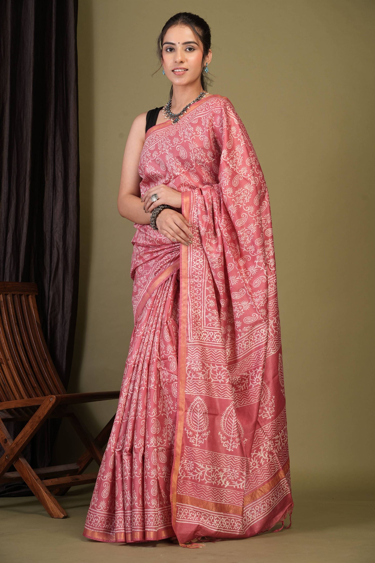 Anuttara Bhagalpuri Rouge Pink Cotton Silk Paisley, Floral Saree with Unstitched Blouse_AFS1387-FS