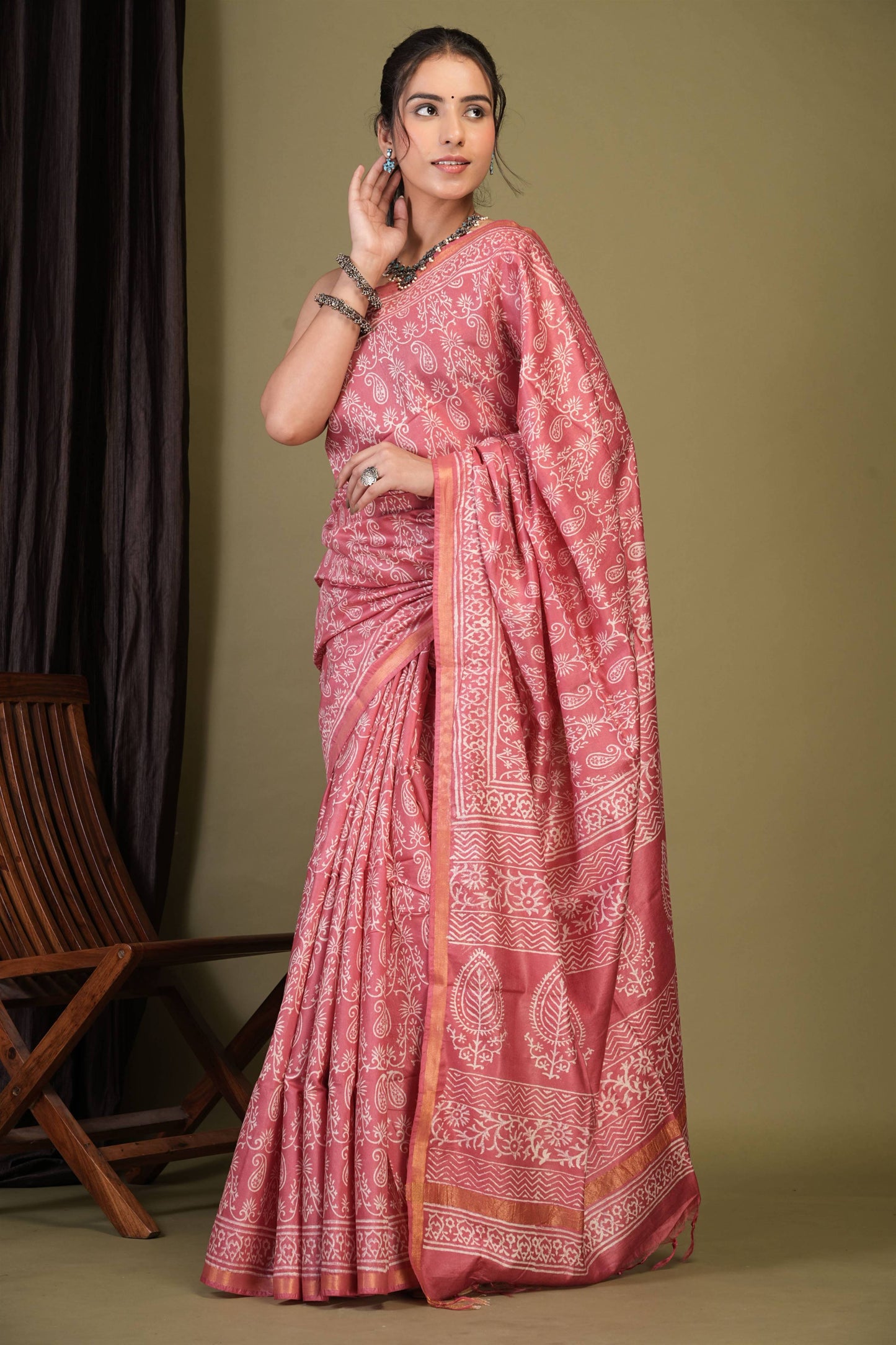 Anuttara Bhagalpuri Rouge Pink Cotton Silk Paisley, Floral Saree with Unstitched Blouse_AFS1387-FS