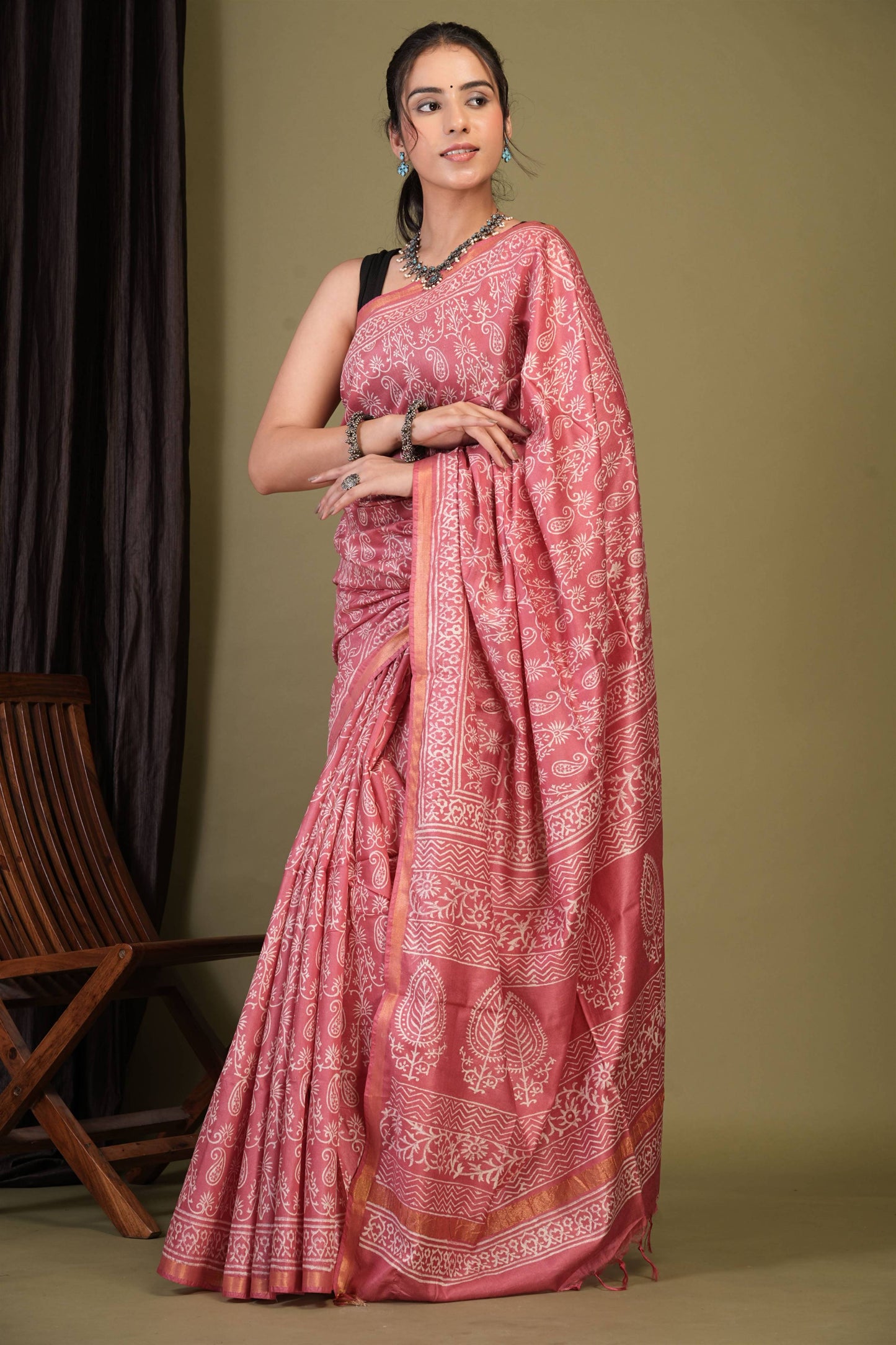 Anuttara Bhagalpuri Rouge Pink Cotton Silk Paisley, Floral Saree with Unstitched Blouse_AFS1387-FS