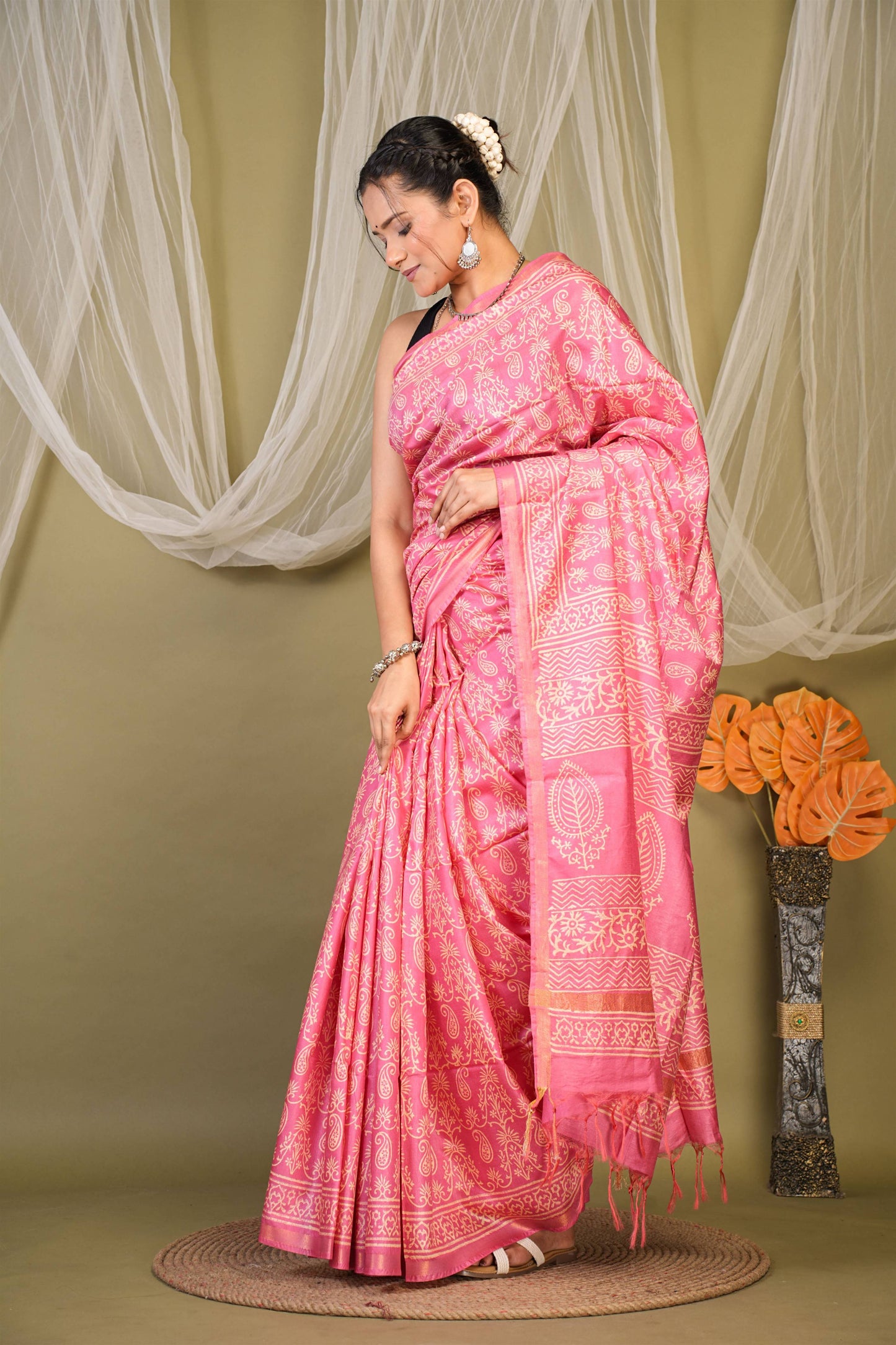 Anuttara Bhagalpuri Light Pink Cotton Silk Paisley, Floral Saree with Unstitched Blouse_AFS1388-FS