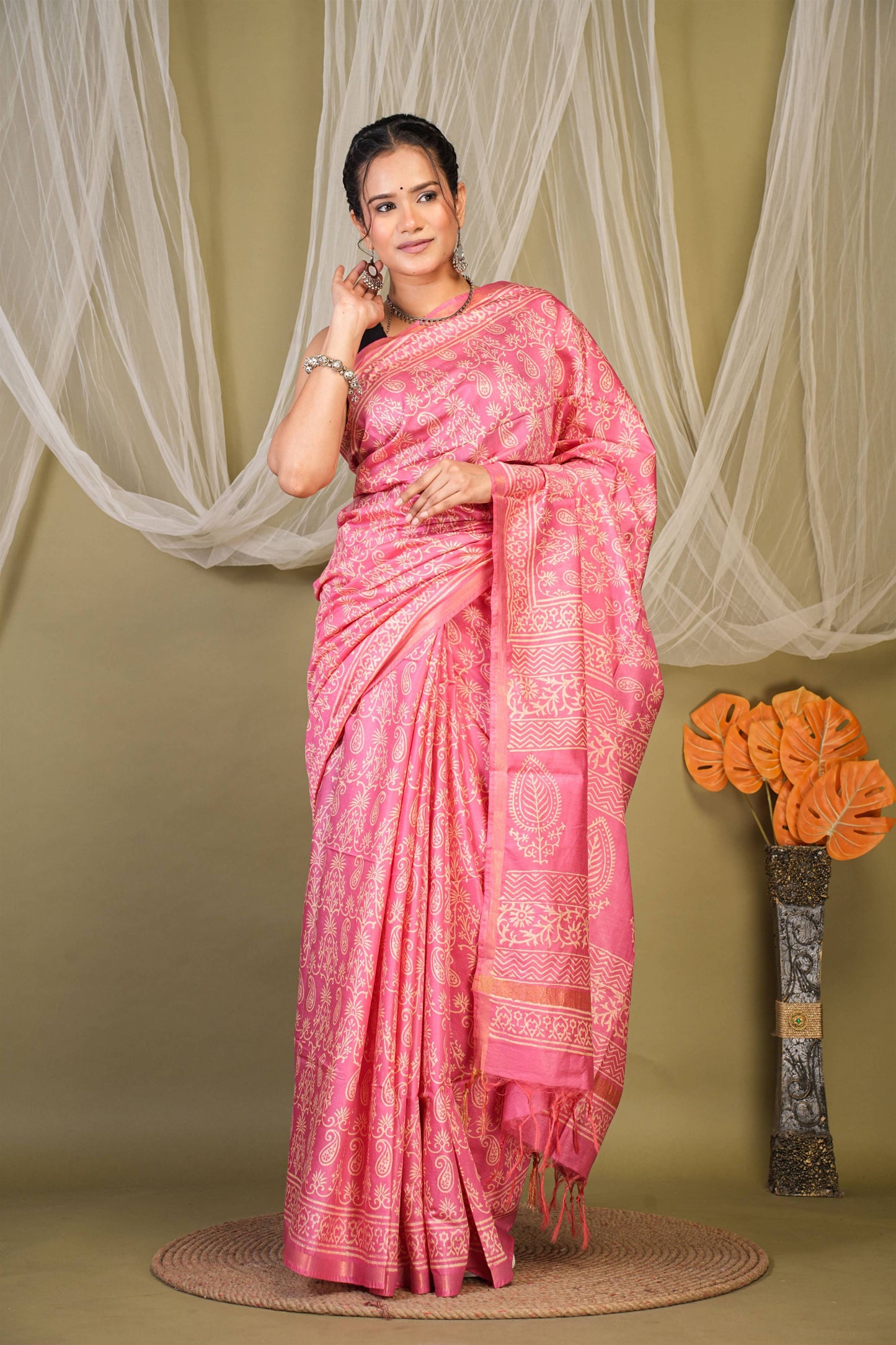 Anuttara Bhagalpuri Light Pink Cotton Silk Paisley, Floral Saree with Unstitched Blouse_AFS1388-FS