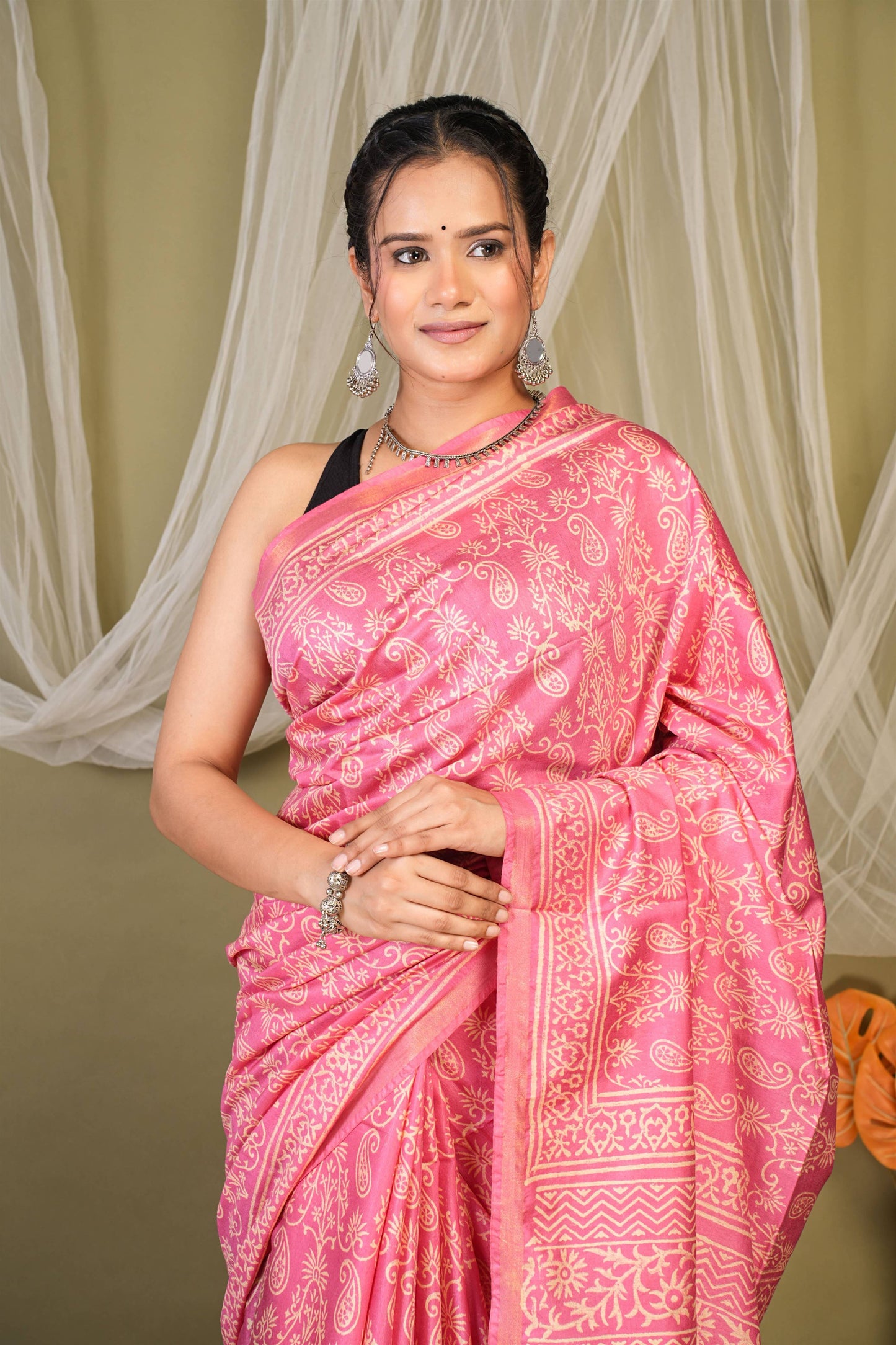 Anuttara Bhagalpuri Light Pink Cotton Silk Paisley, Floral Saree with Unstitched Blouse_AFS1388-FS