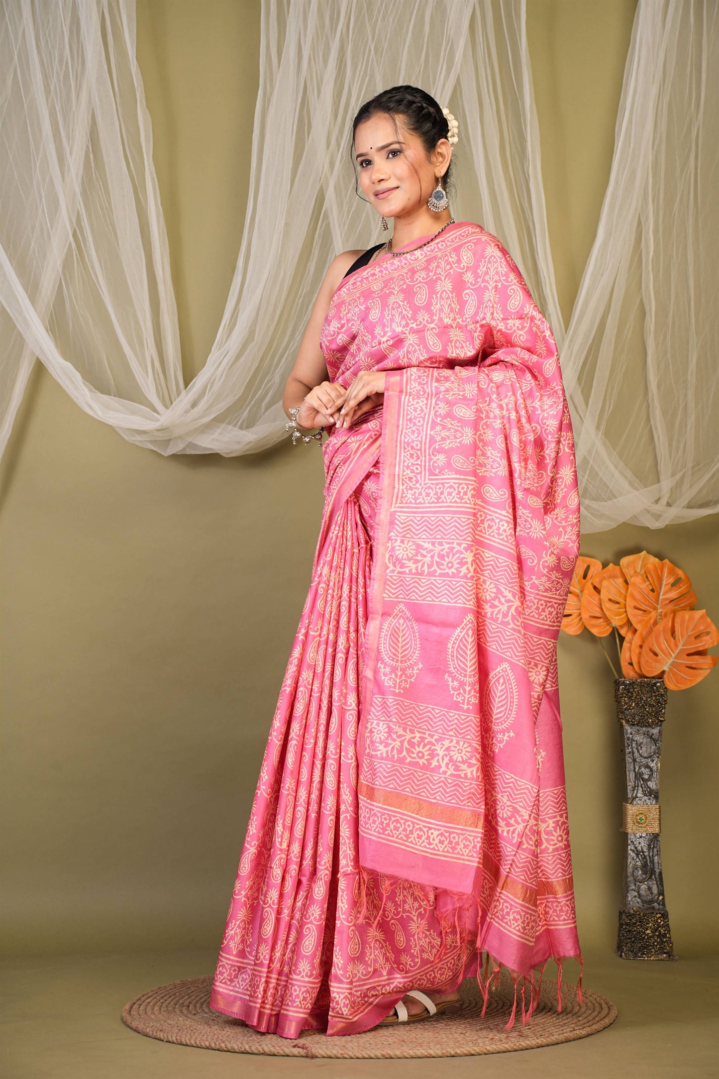 Anuttara Bhagalpuri Light Pink Cotton Silk Paisley, Floral Saree with Unstitched Blouse_AFS1388-FS