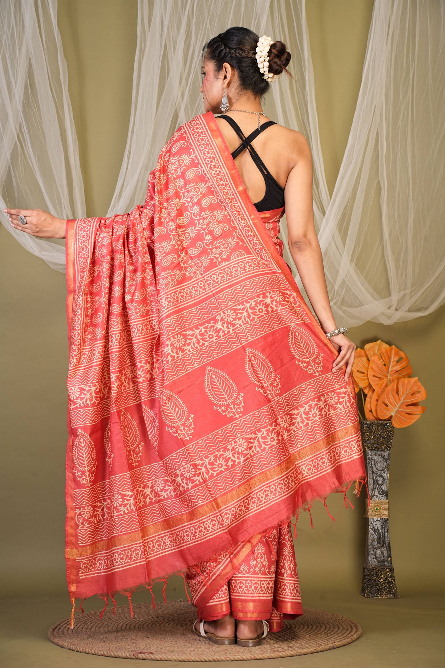 Anuttara Bhagalpuri Red Cotton Silk Paisley, Floral Saree with Unstitched Blouse_AFS1389-FS