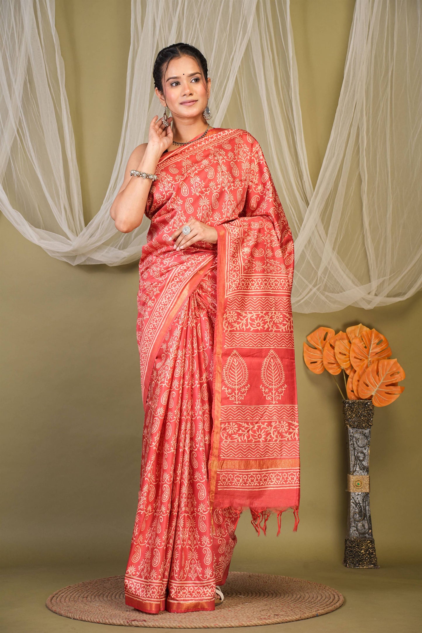 Anuttara Bhagalpuri Red Cotton Silk Paisley, Floral Saree with Unstitched Blouse_AFS1389-FS