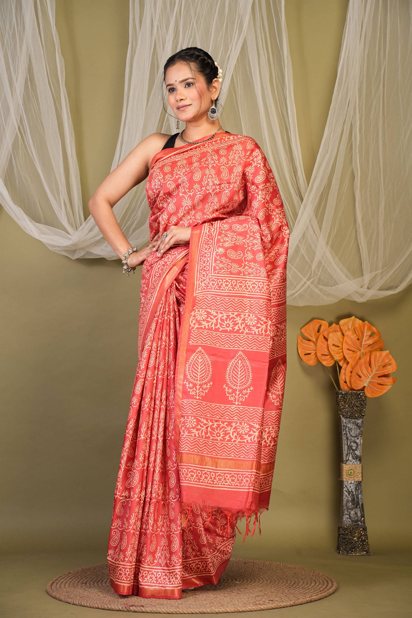 Anuttara Bhagalpuri Red Cotton Silk Paisley, Floral Saree with Unstitched Blouse_AFS1389-FS