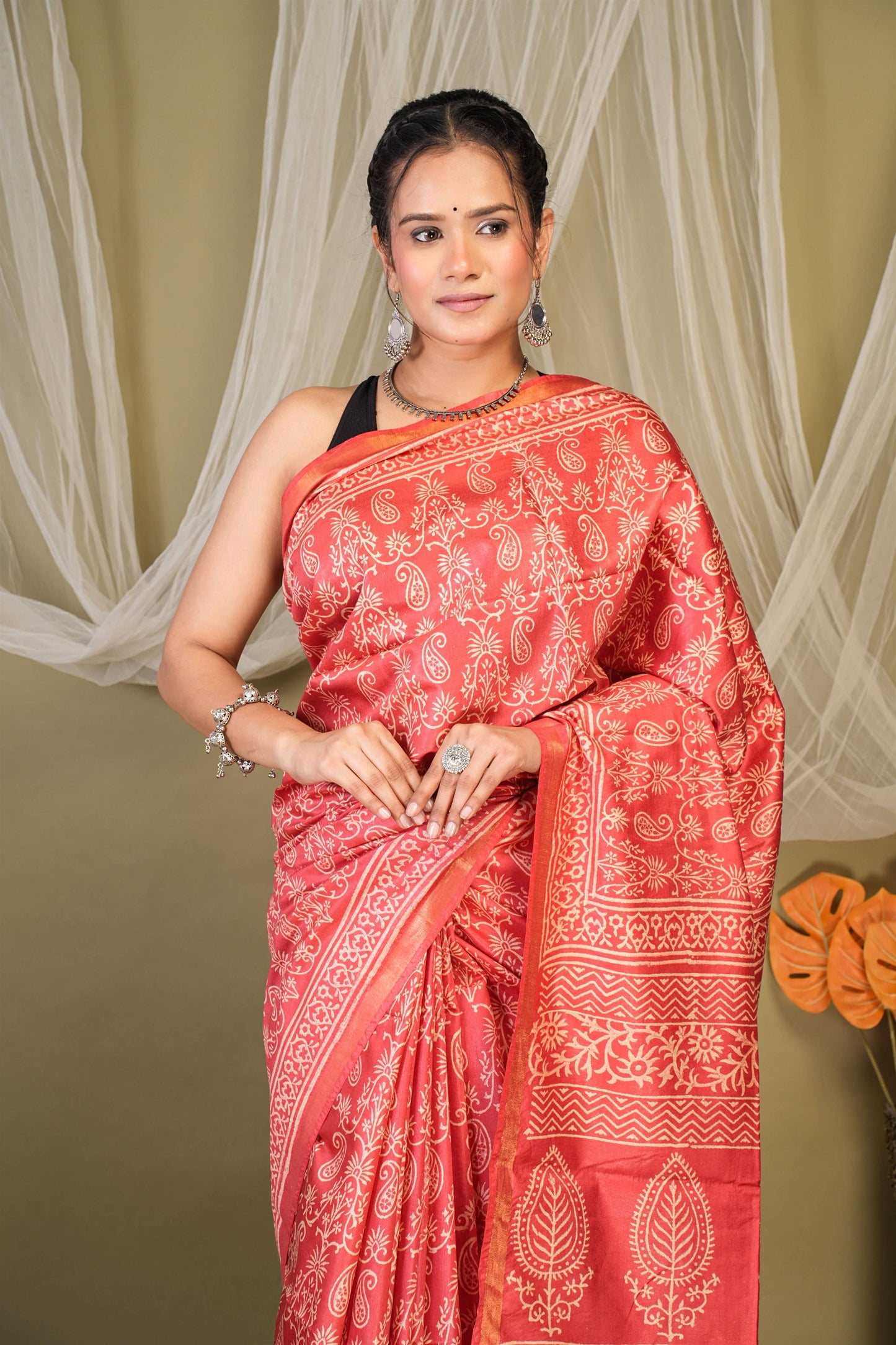 Anuttara Bhagalpuri Red Cotton Silk Paisley, Floral Saree with Unstitched Blouse_AFS1389-FS