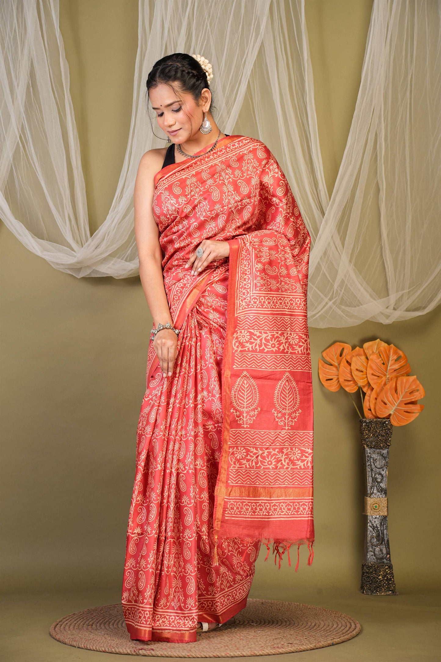 Anuttara Bhagalpuri Red Cotton Silk Paisley, Floral Saree with Unstitched Blouse_AFS1389-FS