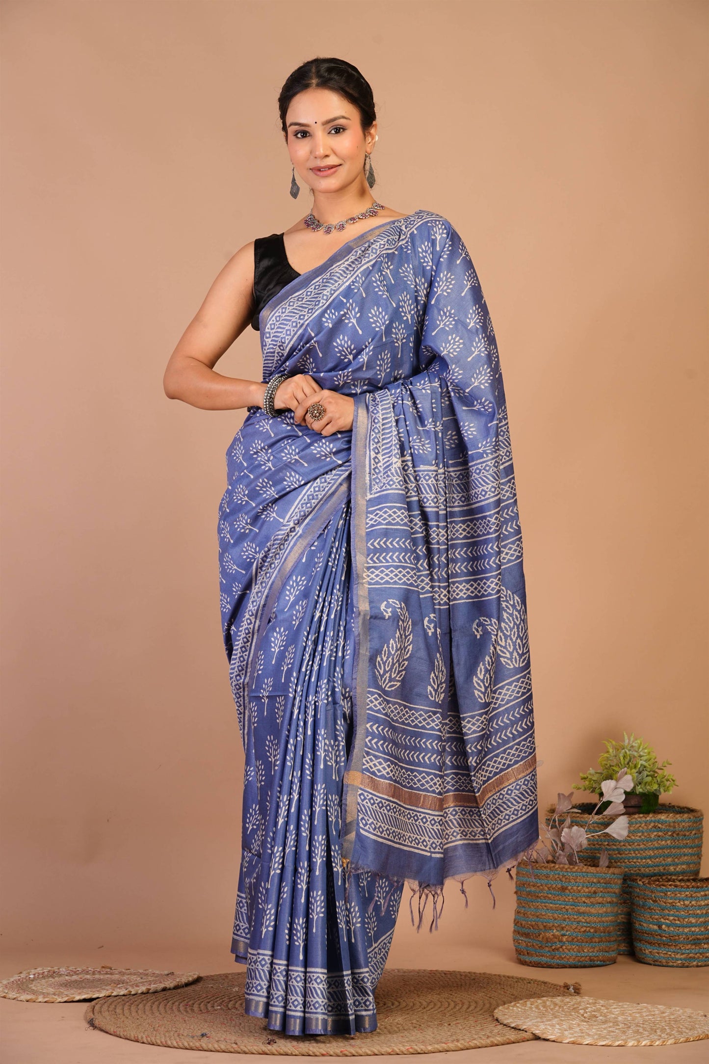 Anuttara Bhagalpuri Blue Cotton Silk Floral, Paisley Saree with Unstitched Blouse_AFS1390-FS