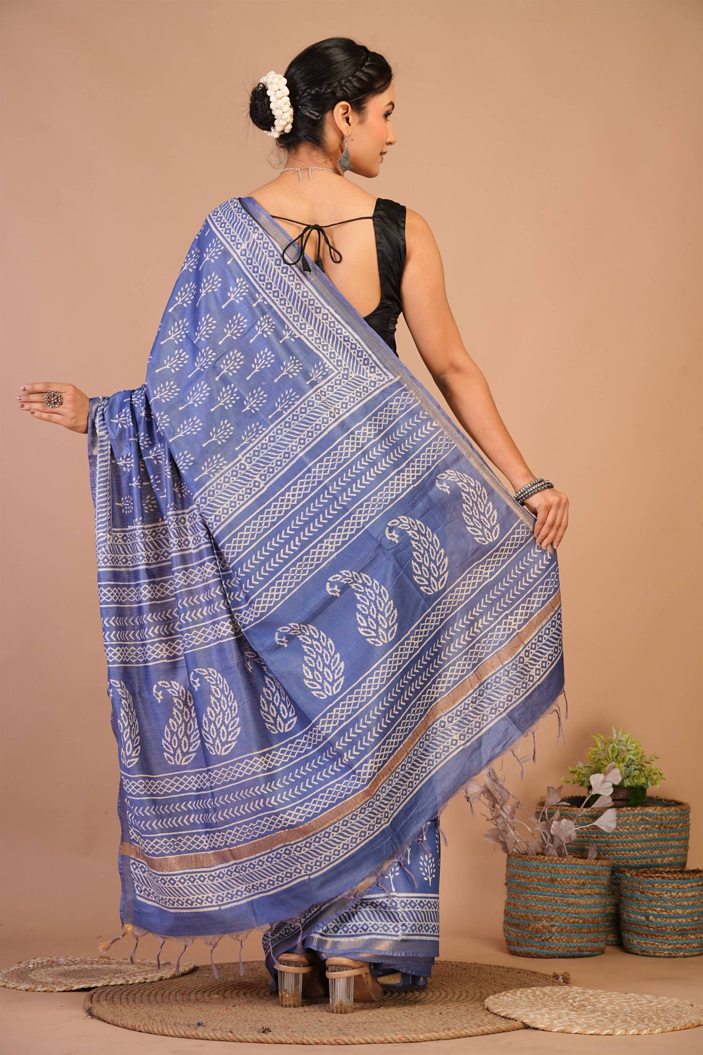 Anuttara Bhagalpuri Blue Cotton Silk Floral, Paisley Saree with Unstitched Blouse_AFS1390-FS