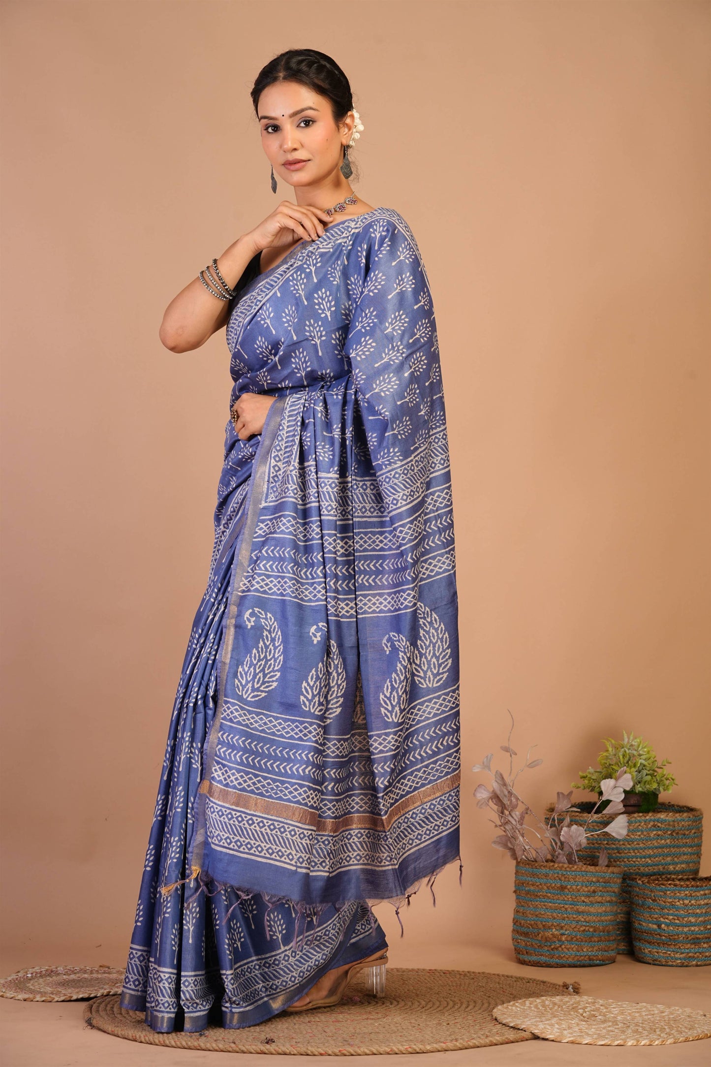 Anuttara Bhagalpuri Blue Cotton Silk Floral, Paisley Saree with Unstitched Blouse_AFS1390-FS