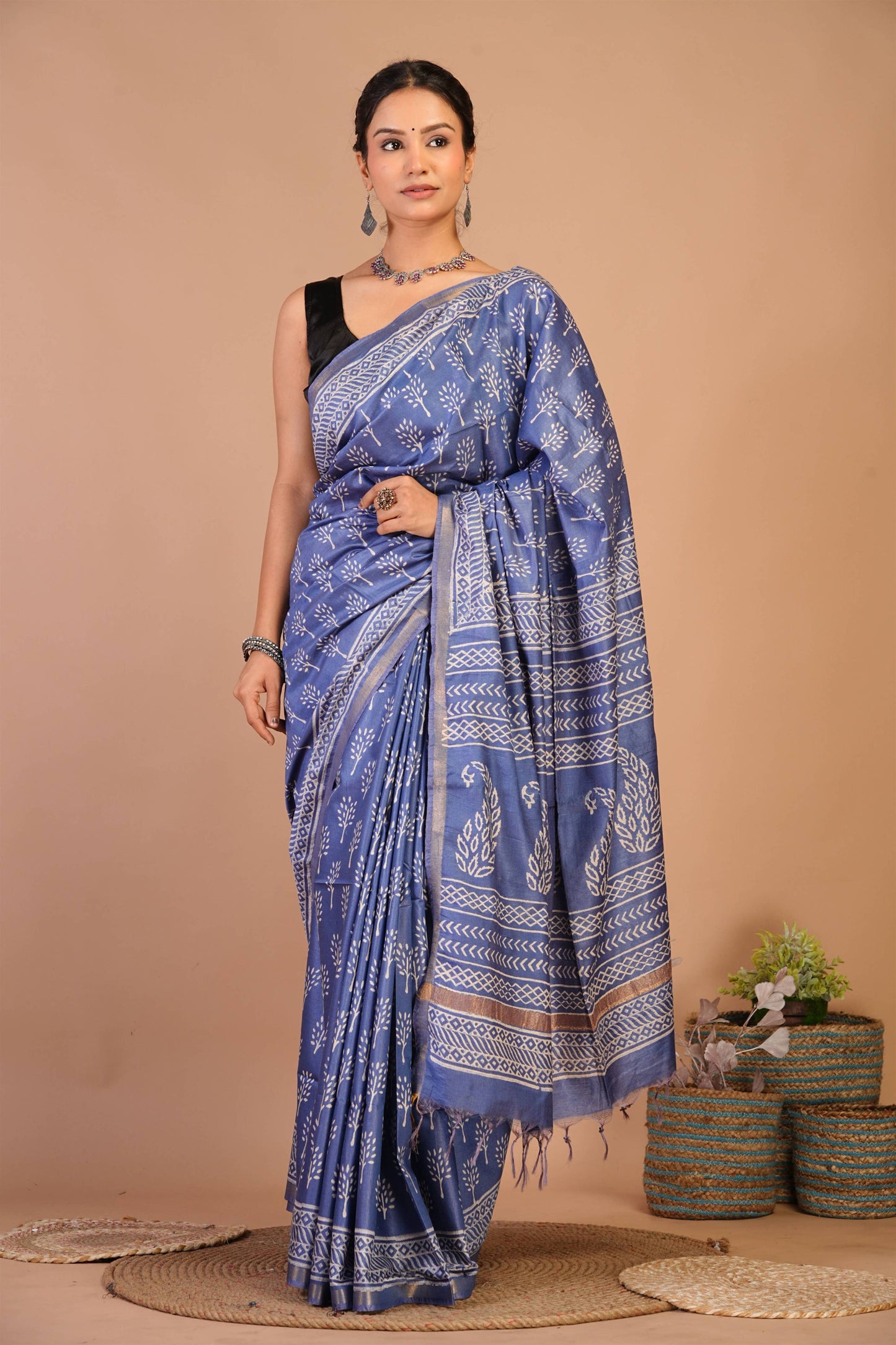 Anuttara Bhagalpuri Blue Cotton Silk Floral, Paisley Saree with Unstitched Blouse_AFS1390-FS
