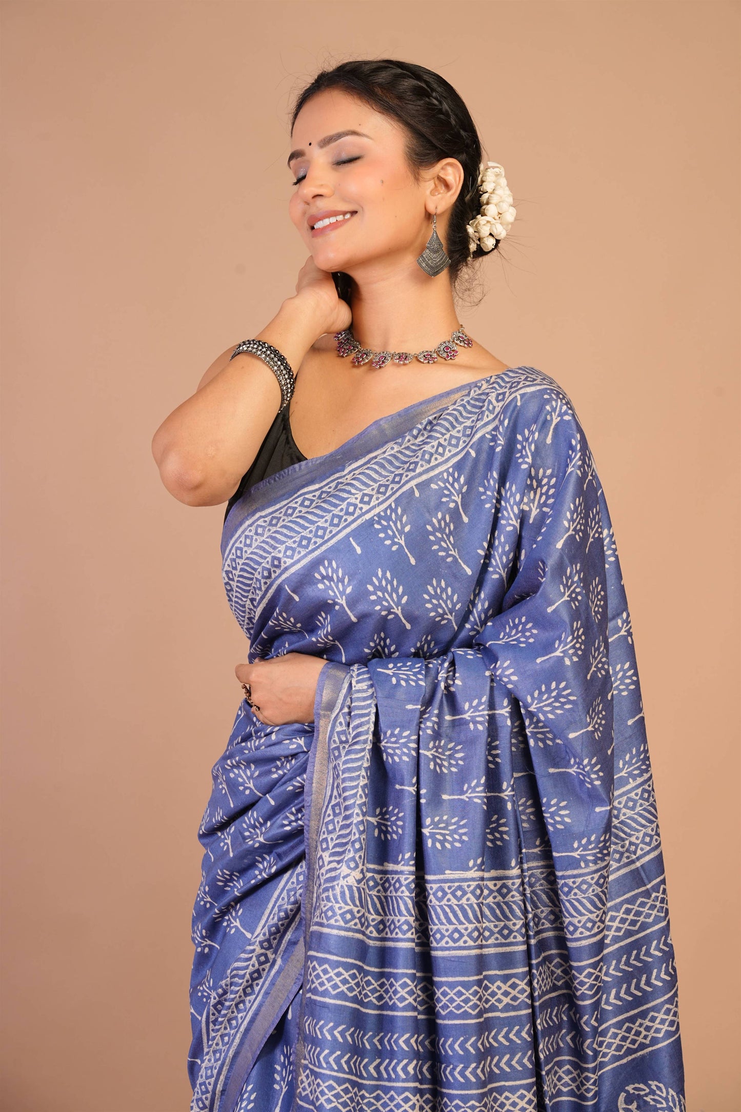 Anuttara Bhagalpuri Blue Cotton Silk Floral, Paisley Saree with Unstitched Blouse_AFS1390-FS