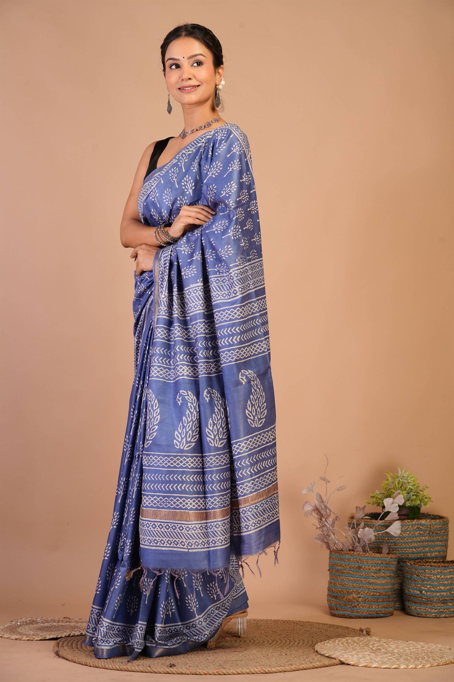 Anuttara Bhagalpuri Blue Cotton Silk Floral, Paisley Saree with Unstitched Blouse_AFS1390-FS