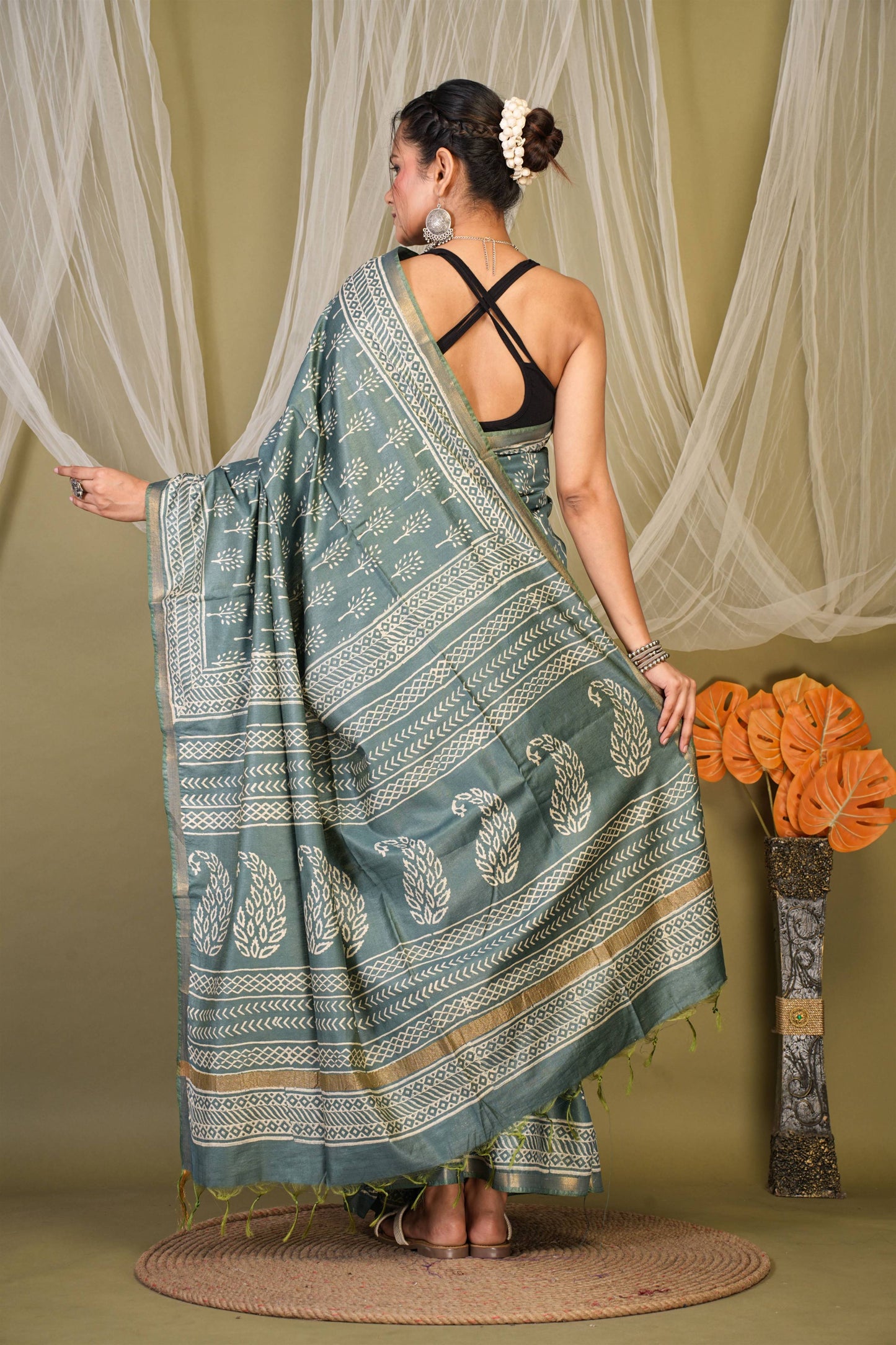 Anuttara Bhagalpuri Teal Green Cotton Silk Floral, Paisley Saree with Unstitched Blouse_AFS1391-FS