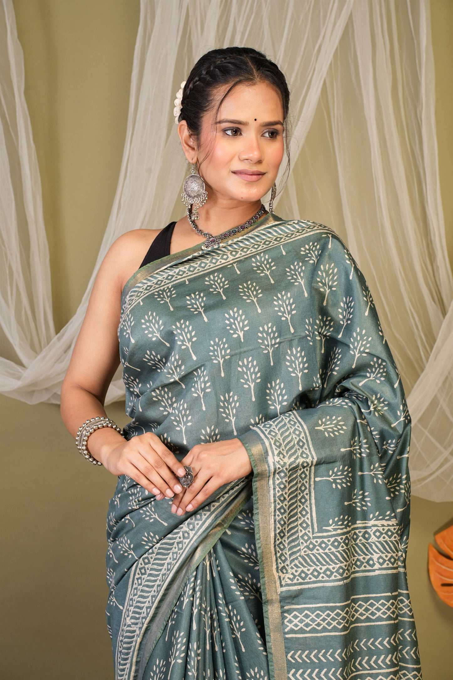 Anuttara Bhagalpuri Teal Green Cotton Silk Floral, Paisley Saree with Unstitched Blouse_AFS1391-FS