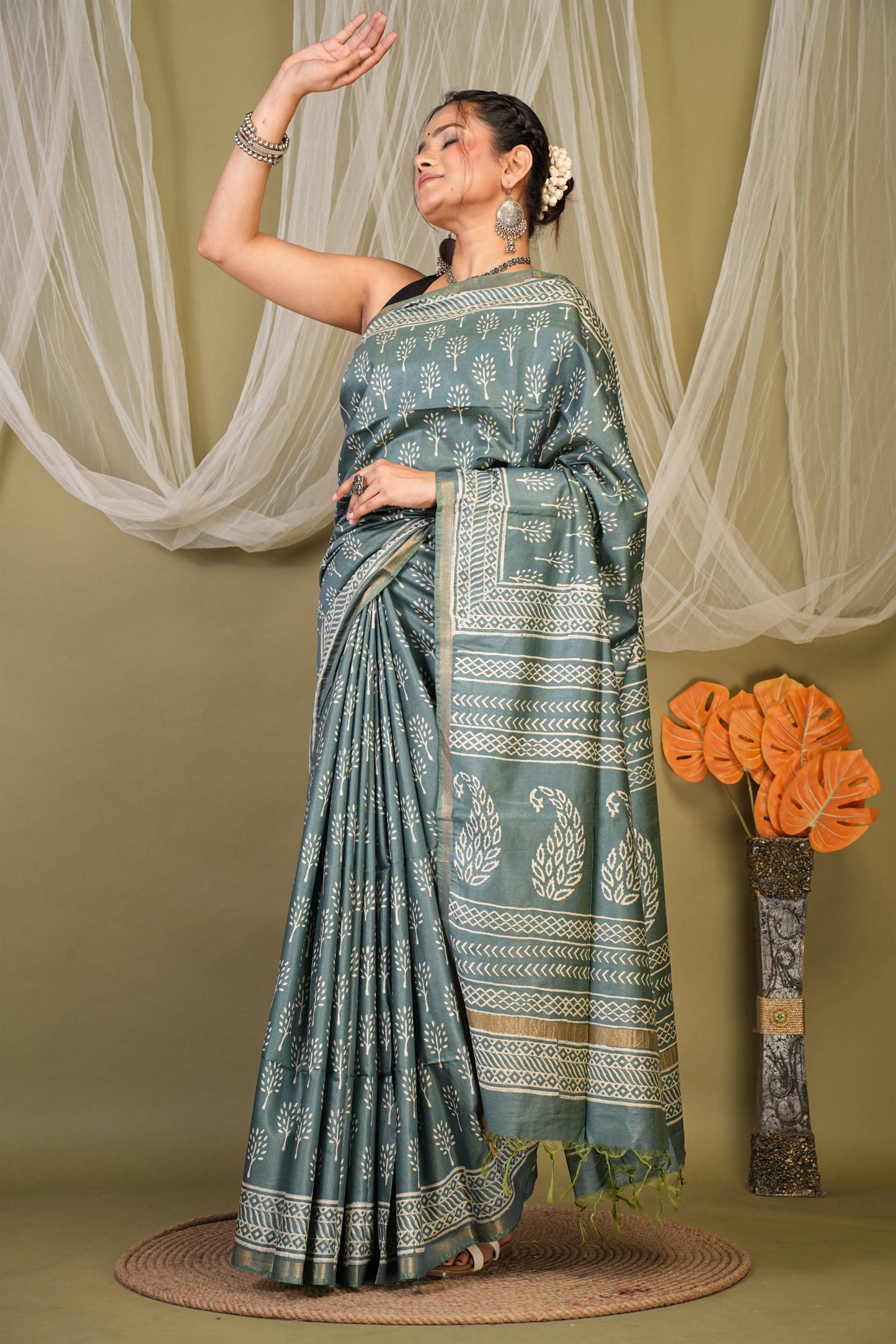 Anuttara Bhagalpuri Teal Green Cotton Silk Floral, Paisley Saree with Unstitched Blouse_AFS1391-FS