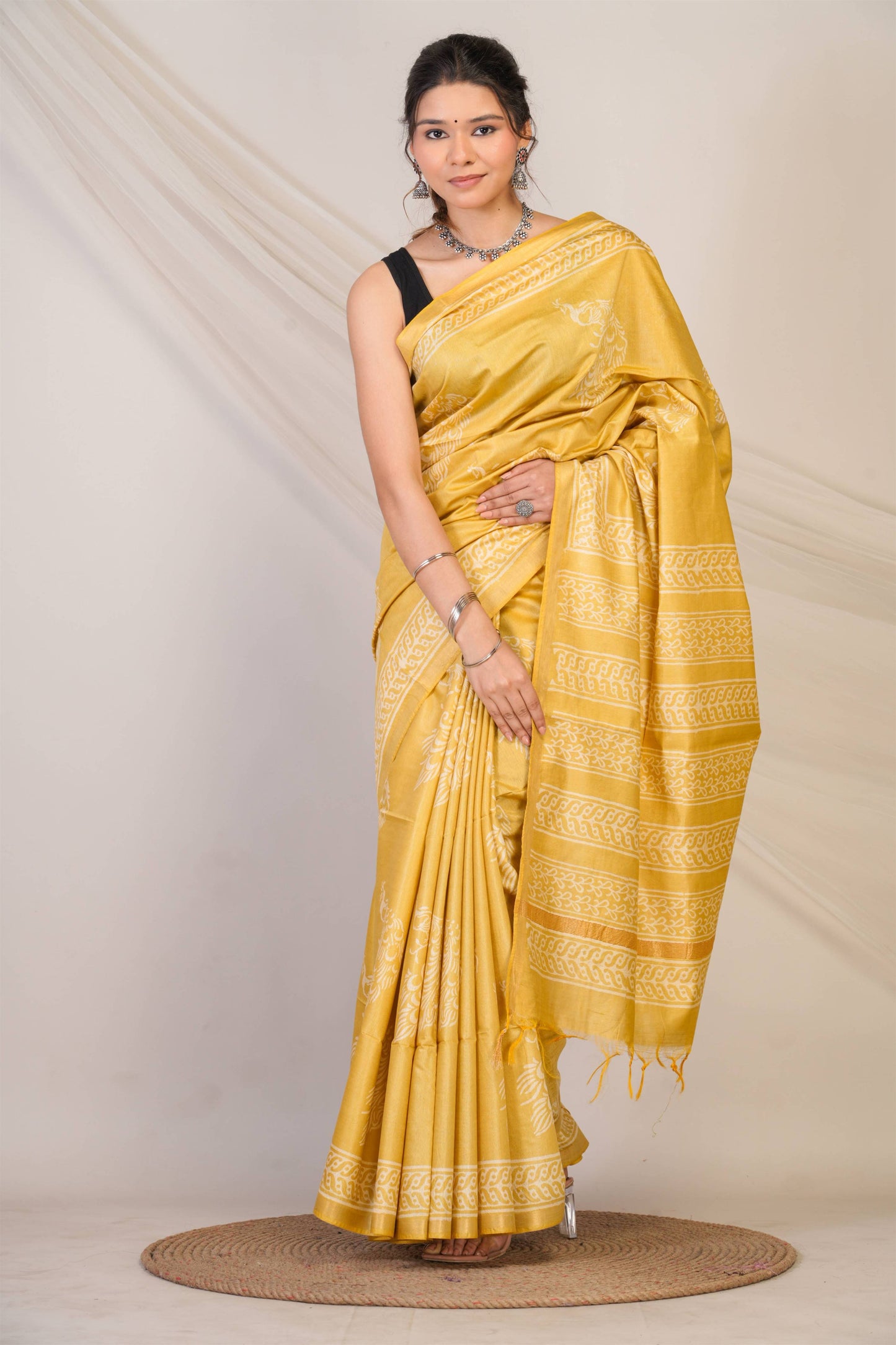 Anuttara Bhagalpuri Olive Green Cotton Silk Animal (Peacock Print) Saree with Unstitched Blouse_AFS1393-FS